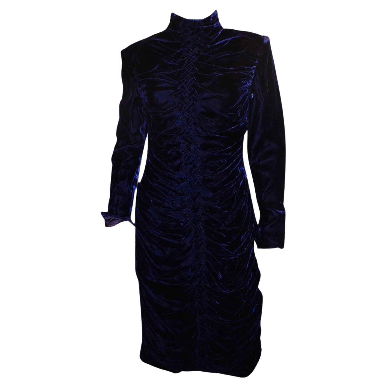 Vintage Bruce Oldfield Blue Velvet Party Dress For Sale