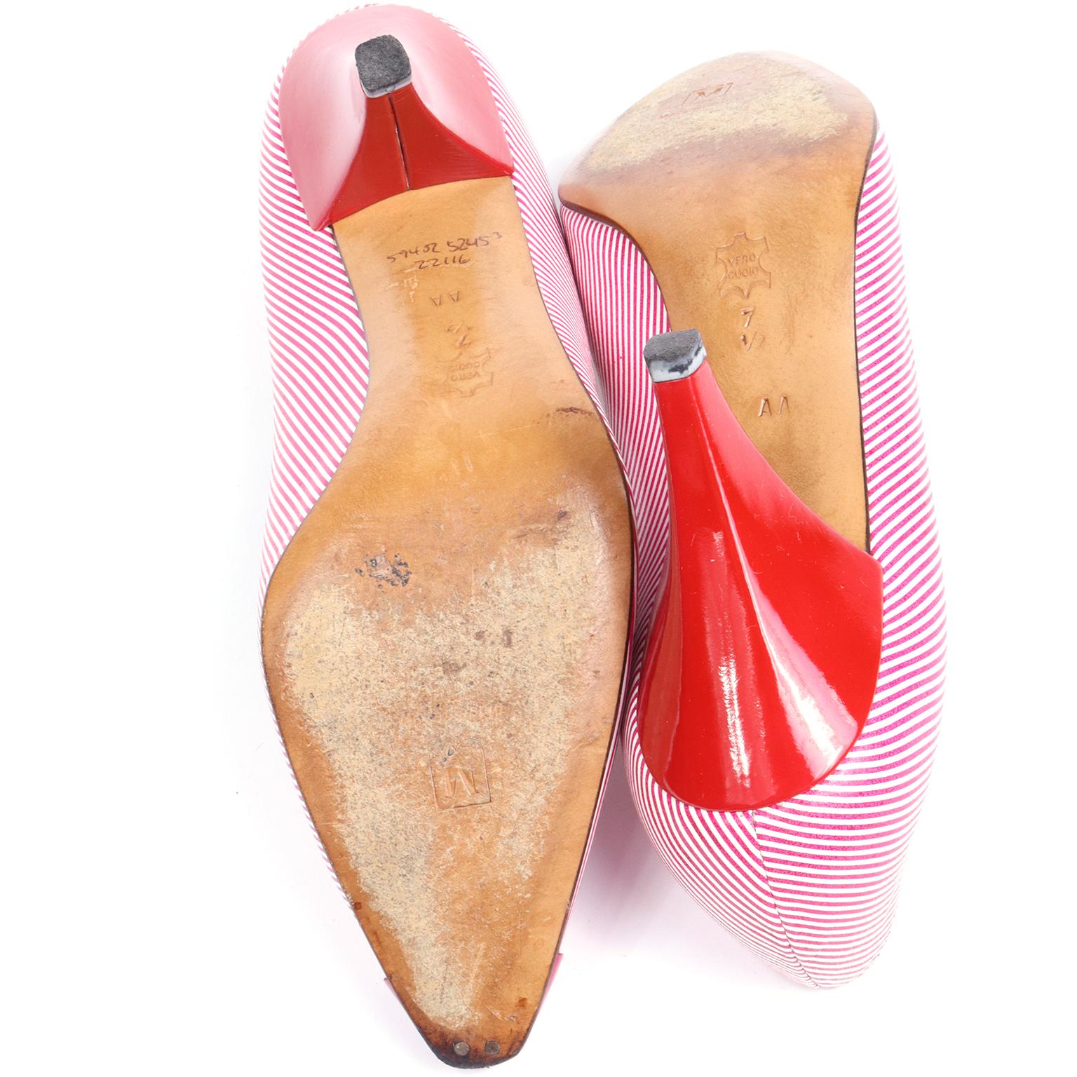 Pink Vintage Bruno Magli Shoes Red & White Striped Leather Pumps w Cone Heels 7.5 AA For Sale