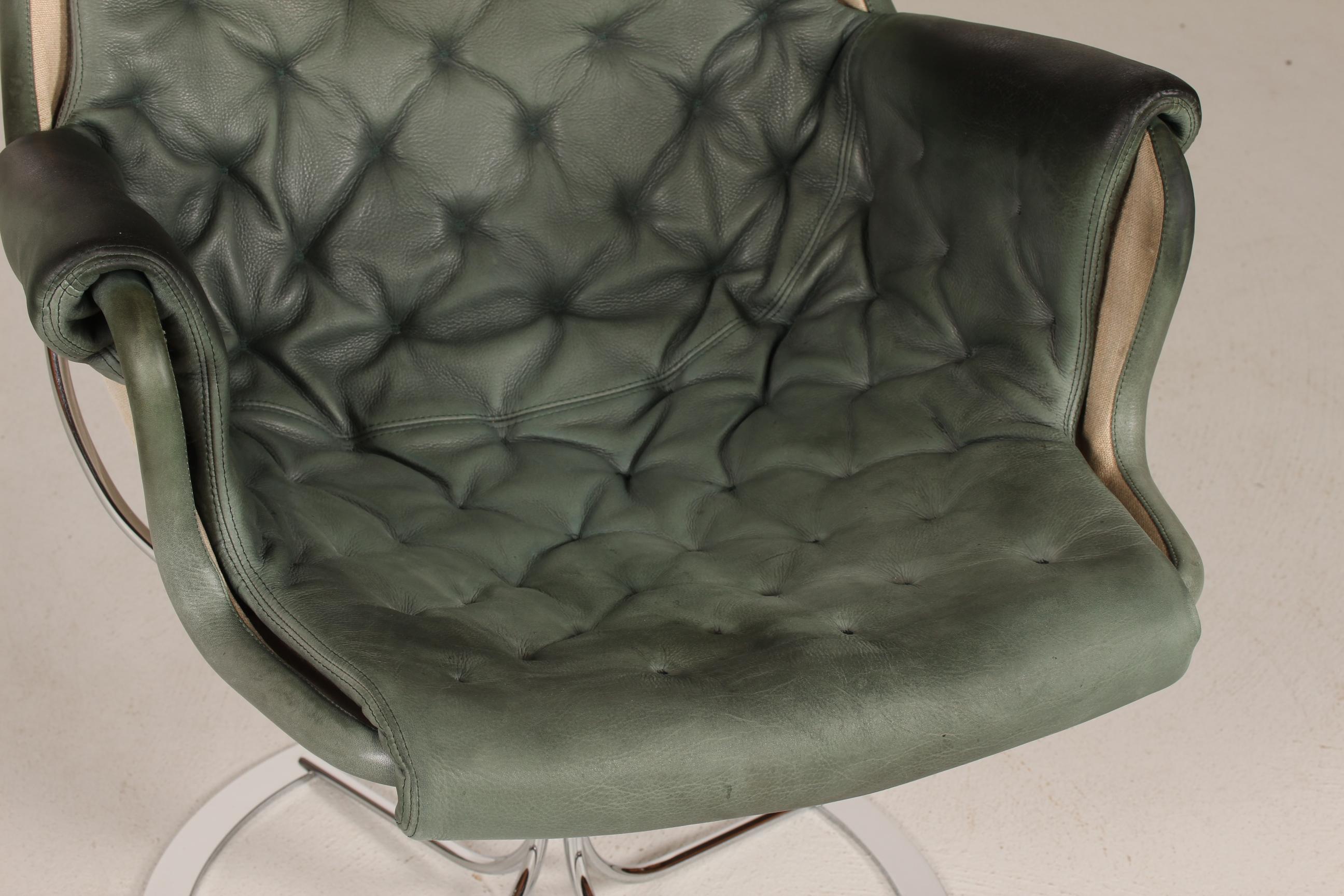 Swedish Vintage Bruno Mathsson Jetson Green Leather Lounge Chair Model 69 by Dux Sweden