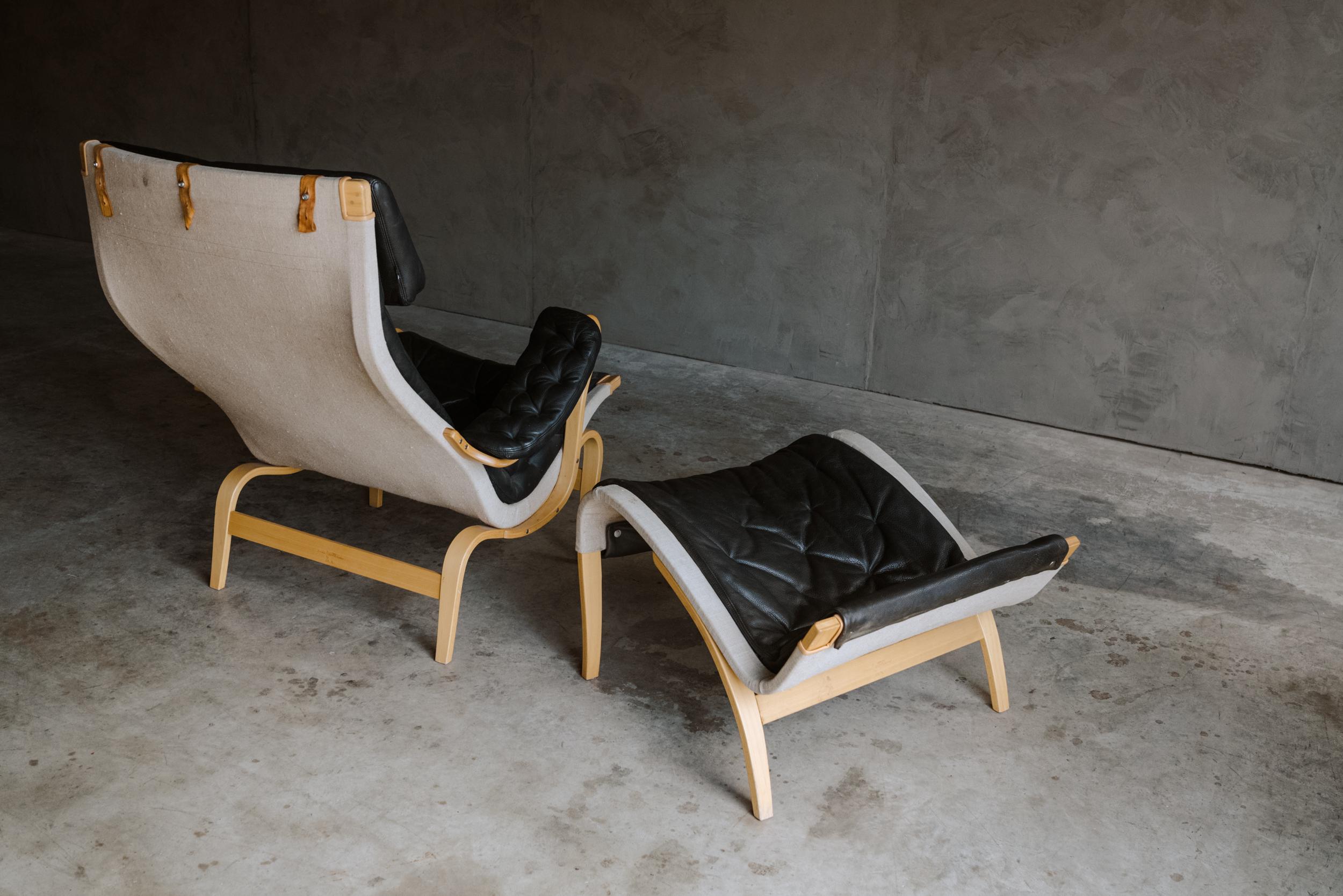 Leather Vintage Bruno Mathsson Lounge Chair and Ottoman, Model Pernilla, Circa 1970