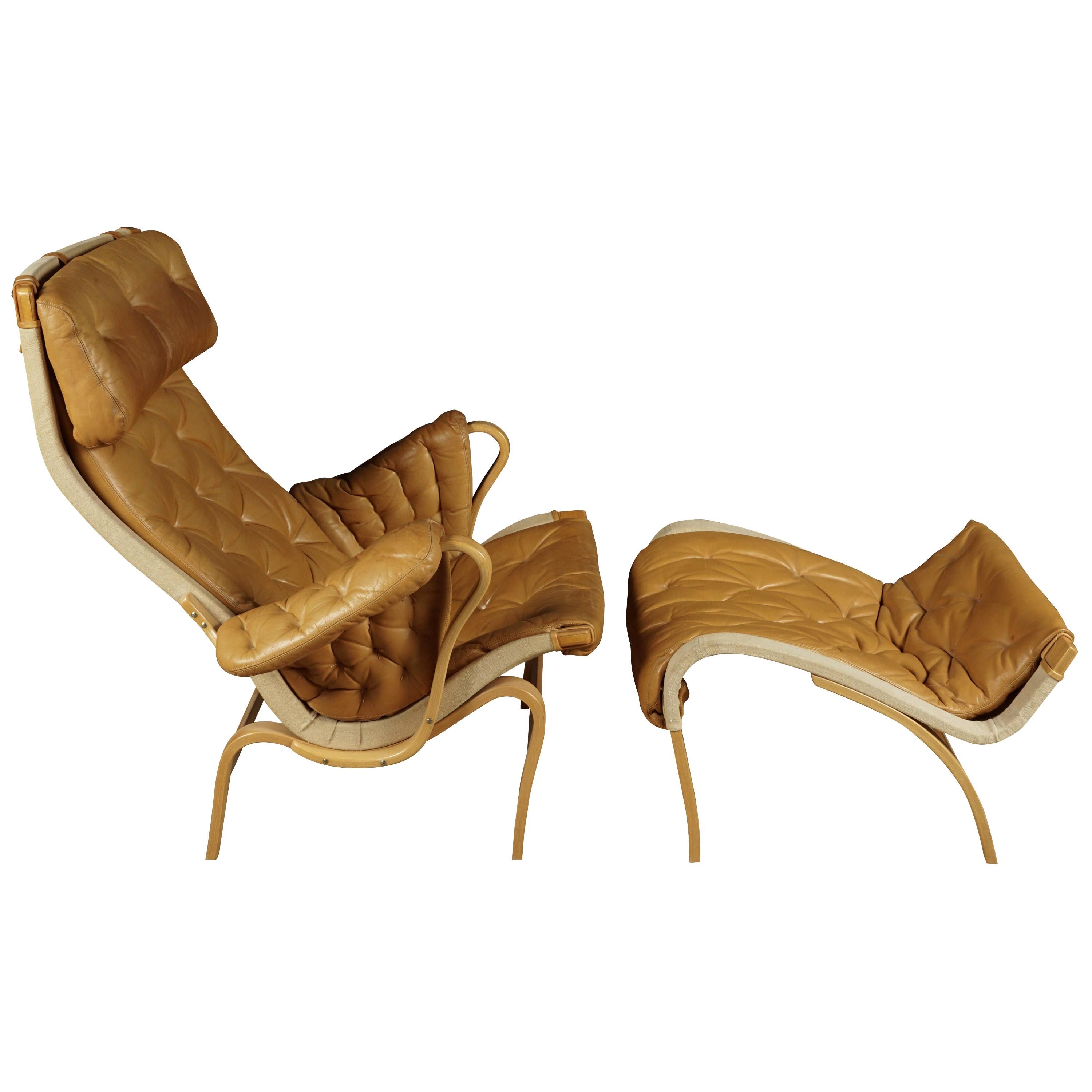 Vintage Bruno Mathsson Lounge Chair with Ottoman, Model Pernilla, circa 1970