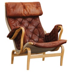 Vintage Bruno Mathsson Pernilla Leather Lounge Chair From Sweden, Circa 1980