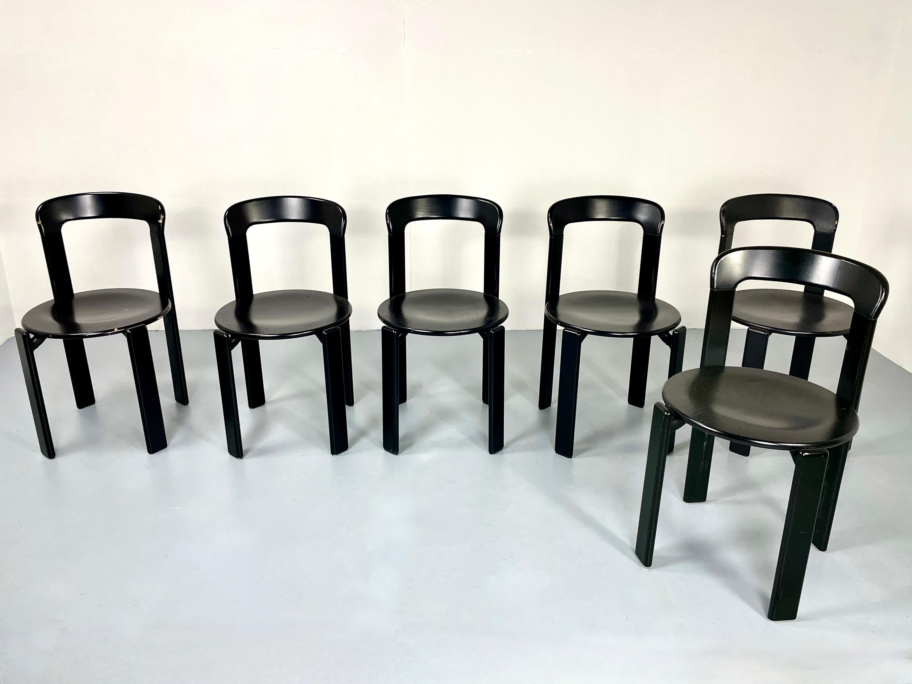 Beautiful set of 6 vintage stackable Bruno Rey for Dietiker chairs in black. Probably from the 1970s, made in Switzerland. With Dietiker’s unqiue screwless wood-to-metal connection. Solid and very sturdy construction with beechwood. Neat condition