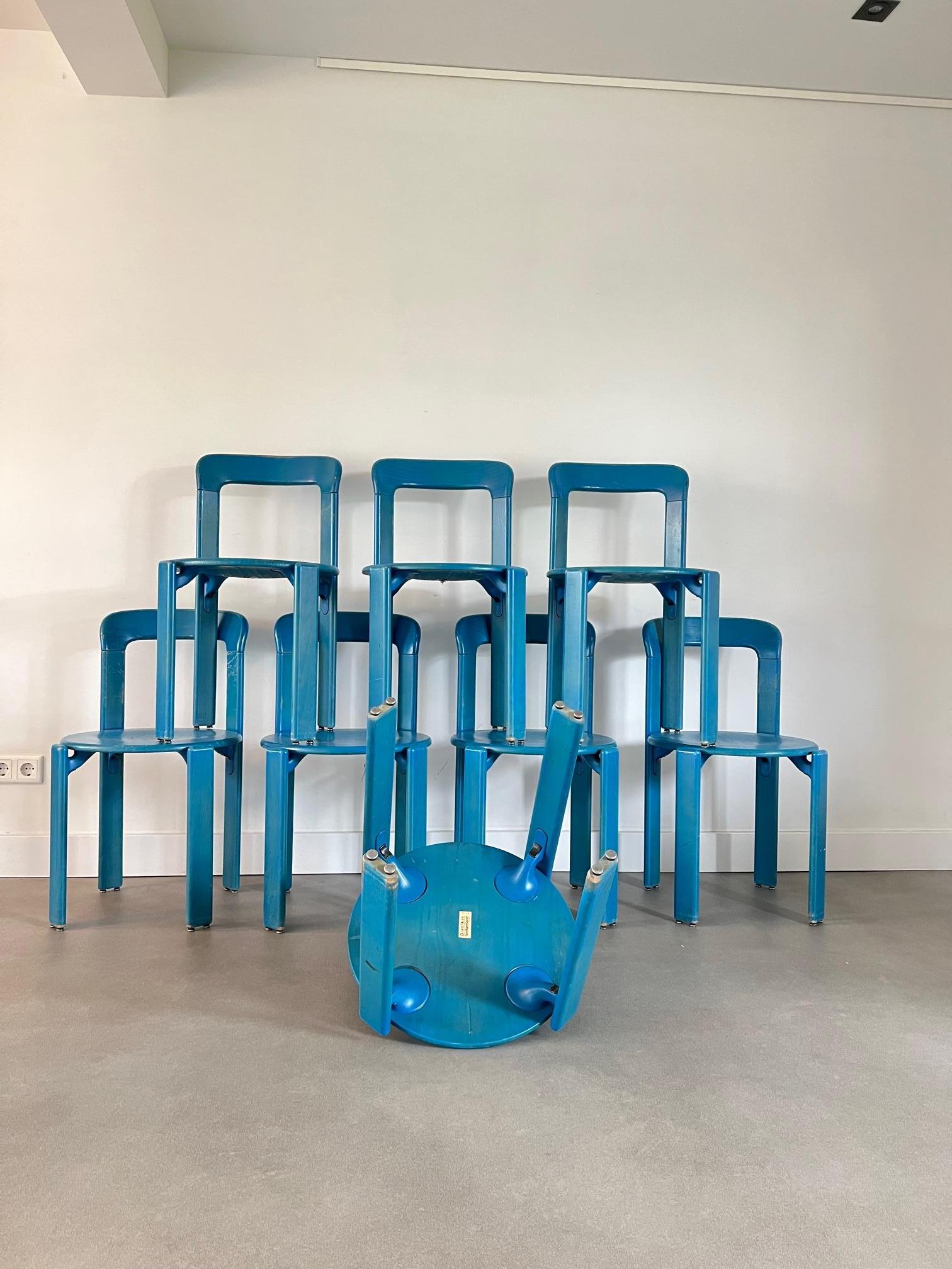 For the love of blue. These sturdy chairs by Bruno Rey for Dietiker Switzerland in their orginal blue color are up for sale. These chair show some scratching but given their age is consisted with their age. 

Bruno Rey is a Swiss furniture