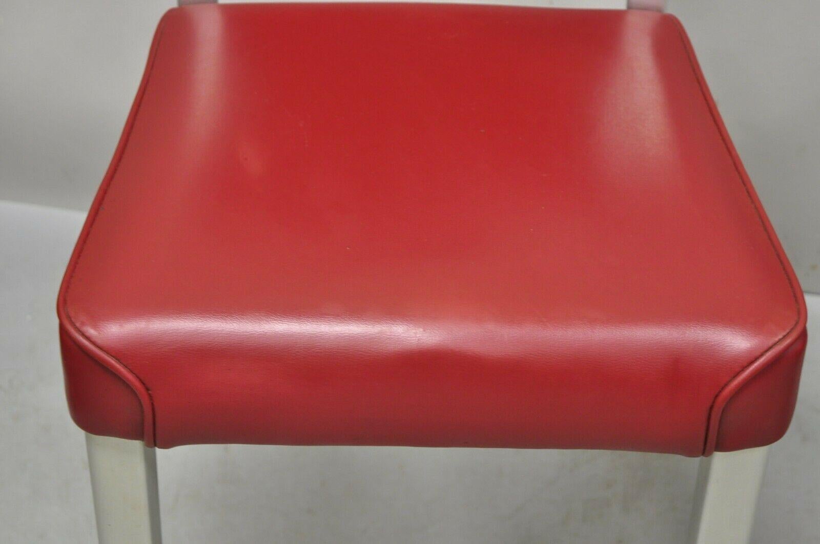 Vintage Brushed Aluminum Red Upholstered Emeco Navy Style Side Chairs, a Pair For Sale 5