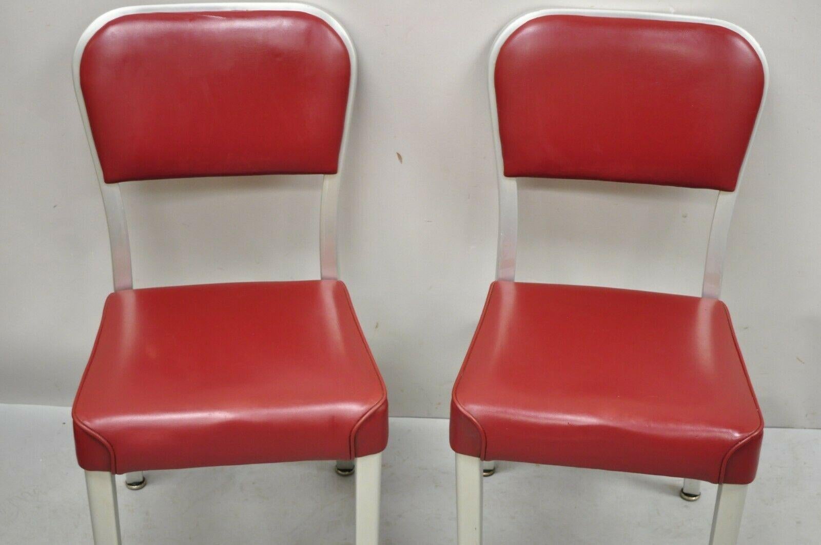 Art Deco Vintage Brushed Aluminum Red Upholstered Emeco Navy Style Side Chairs, a Pair For Sale
