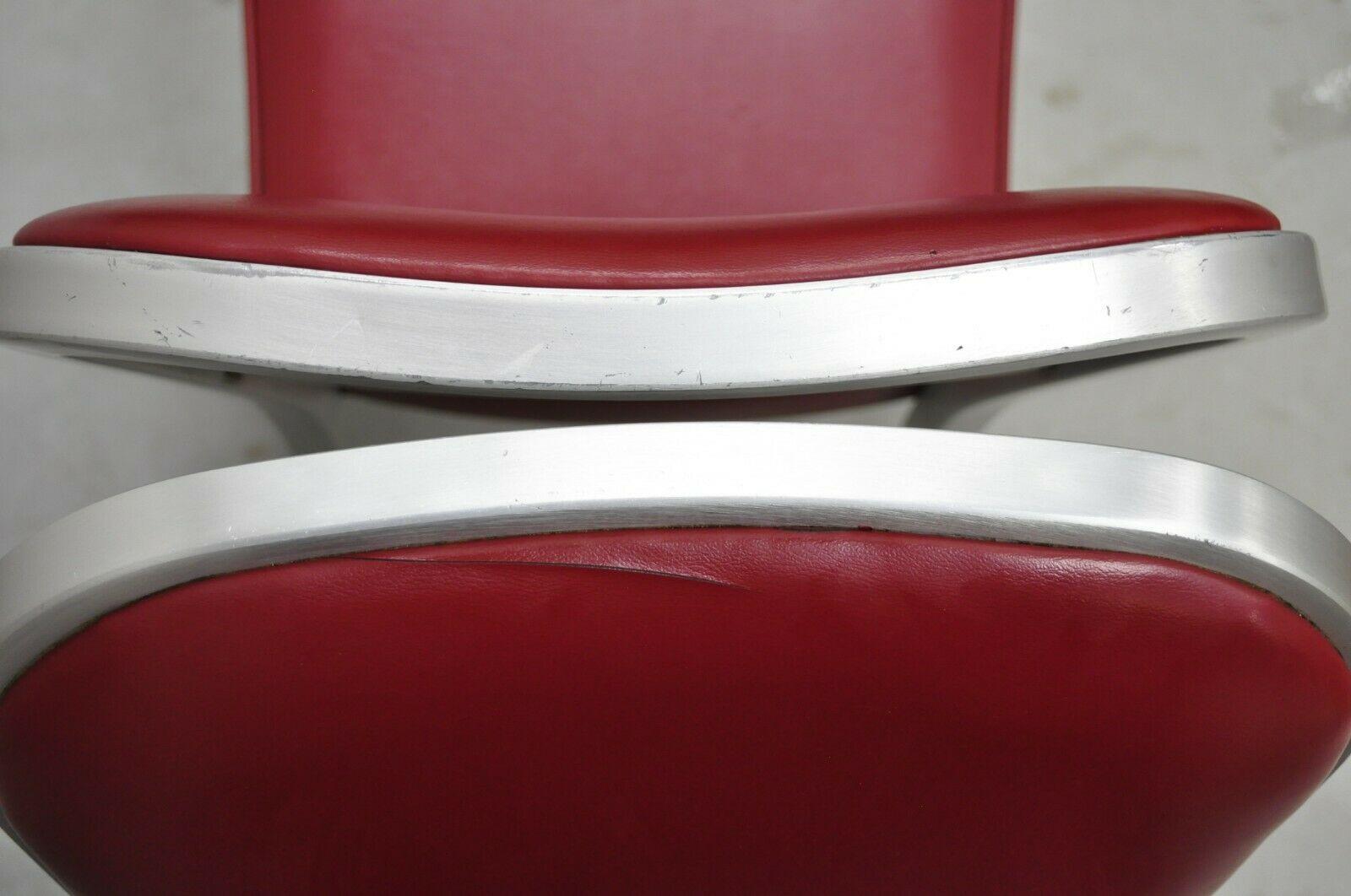 Vintage Brushed Aluminum Red Upholstered Emeco Navy Style Side Chairs, a Pair In Good Condition For Sale In Philadelphia, PA