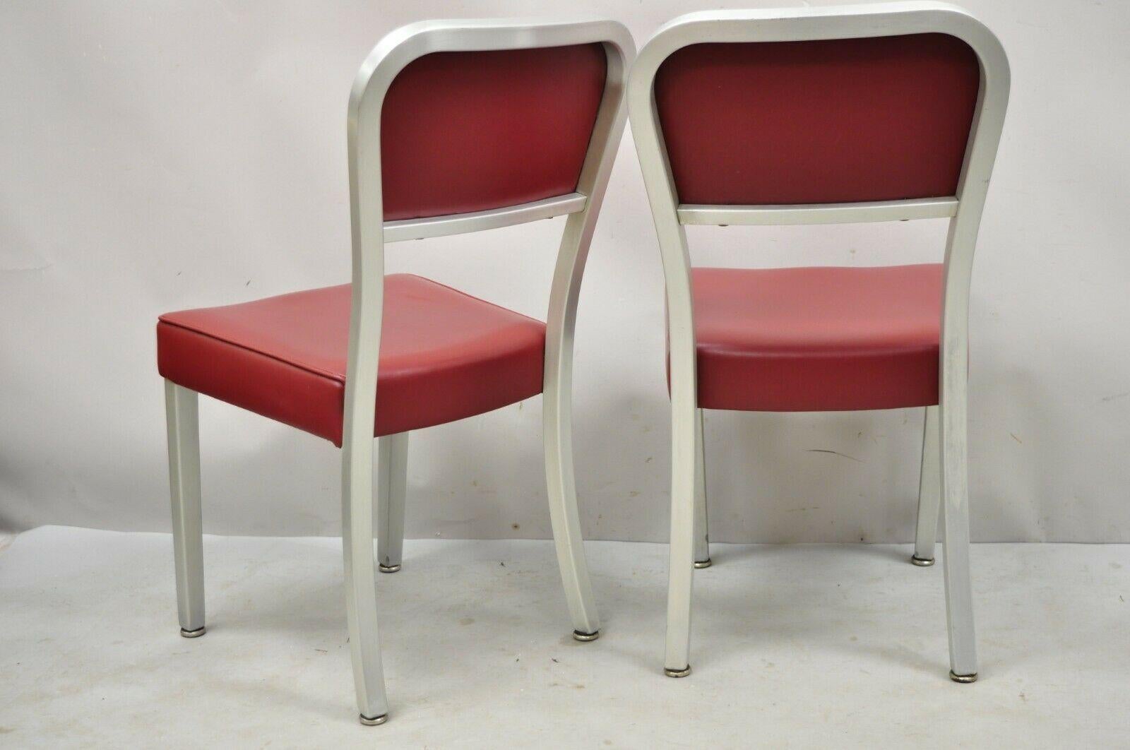 Vintage Brushed Aluminum Red Upholstered Emeco Navy Style Side Chairs, a Pair For Sale 2
