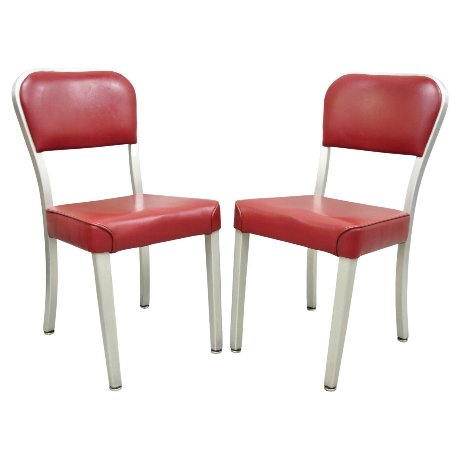 Vintage Brushed Aluminum Red Upholstered Emeco Navy Style Side Chairs, a Pair For Sale