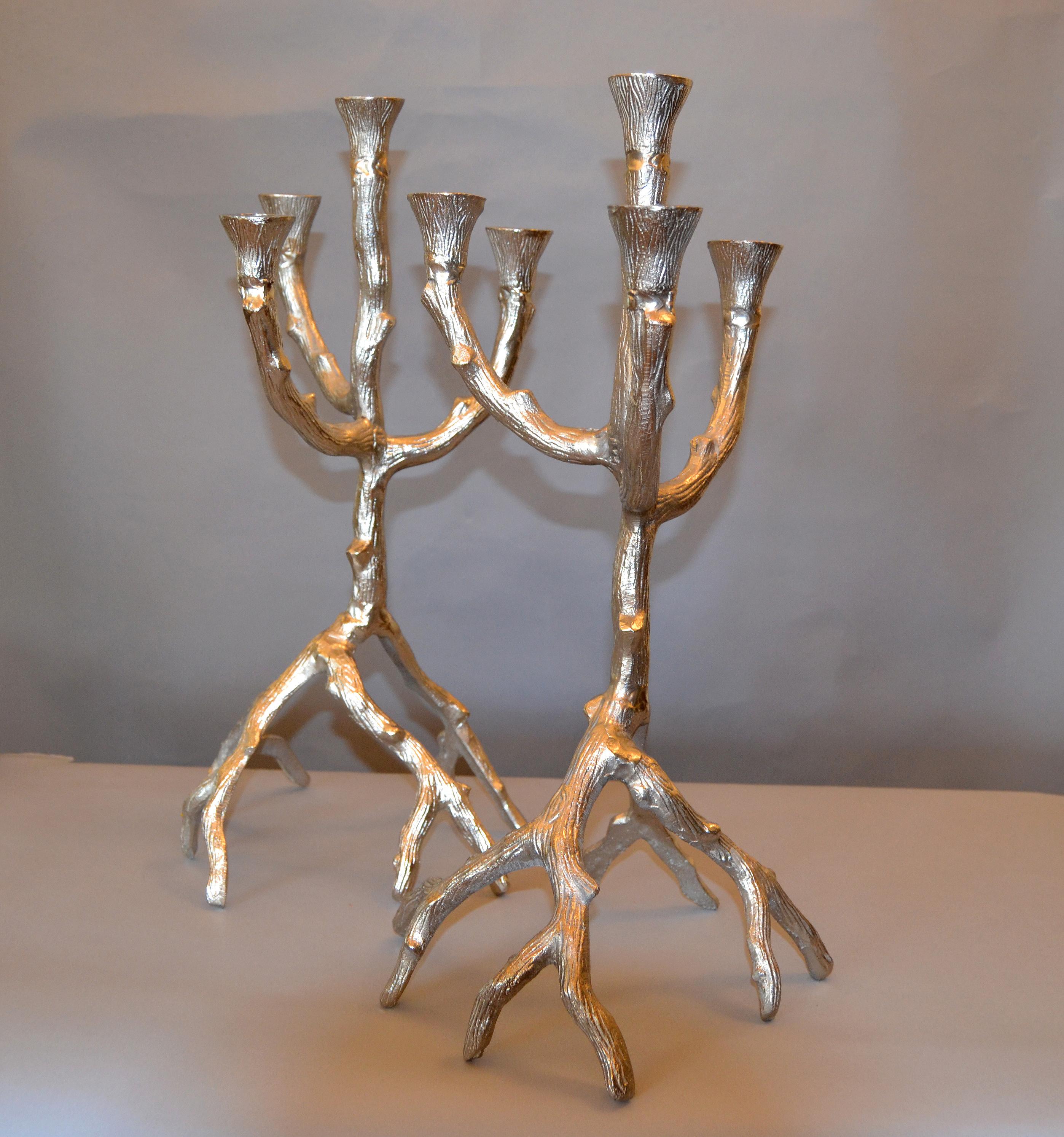 Mid-Century Modern Vieille paire de candélabres en aluminium brossé avec branches d'arbre