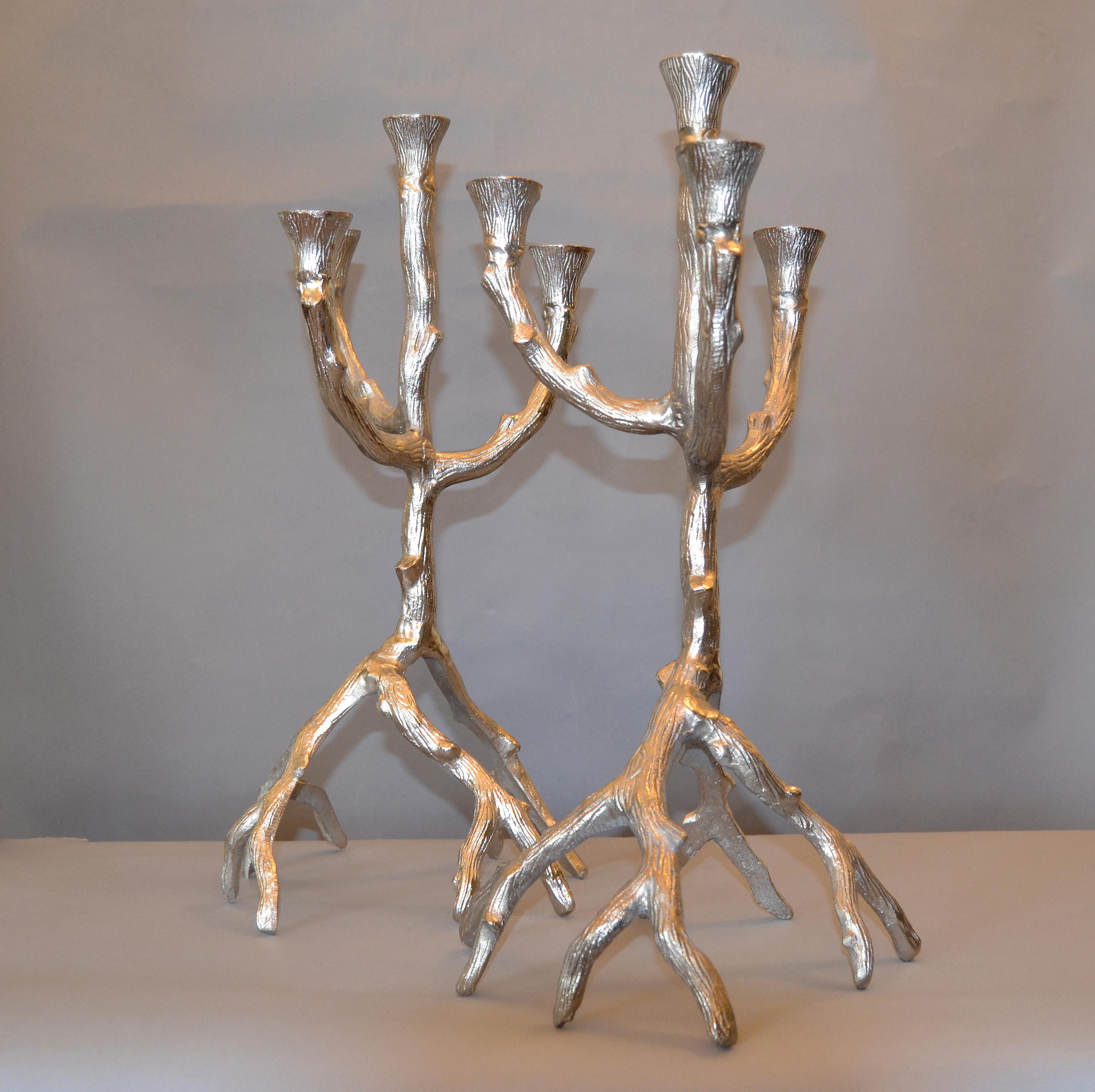 Américain Vieille paire de candélabres en aluminium brossé avec branches d'arbre