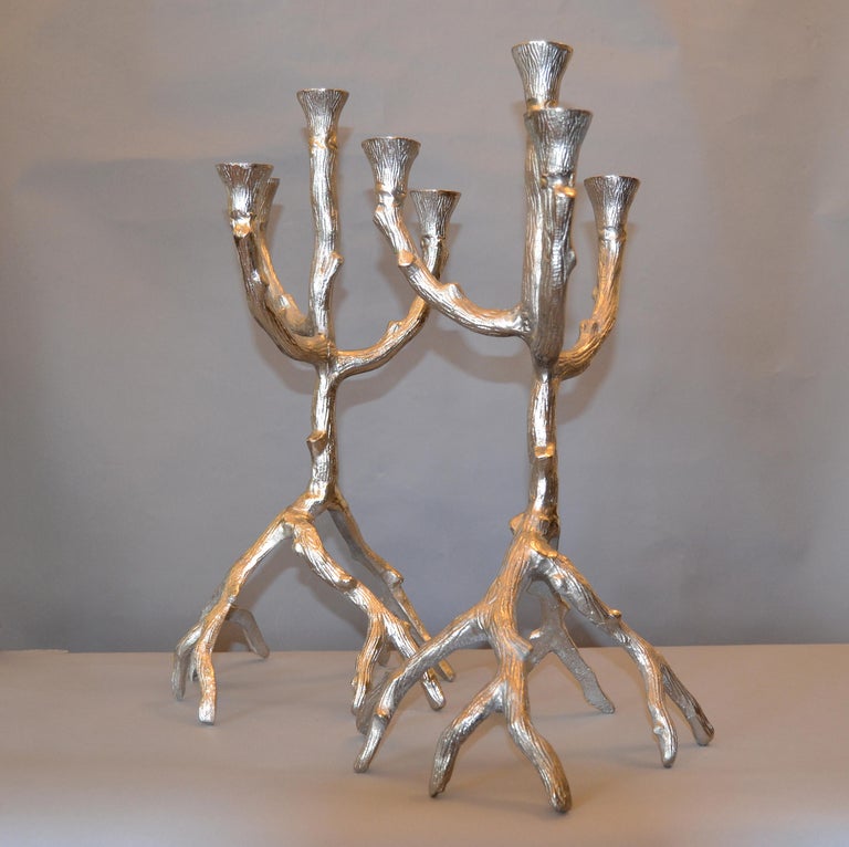 Vintage Brushed Aluminum Tree Branch Candelabras, a Pair For Sale at