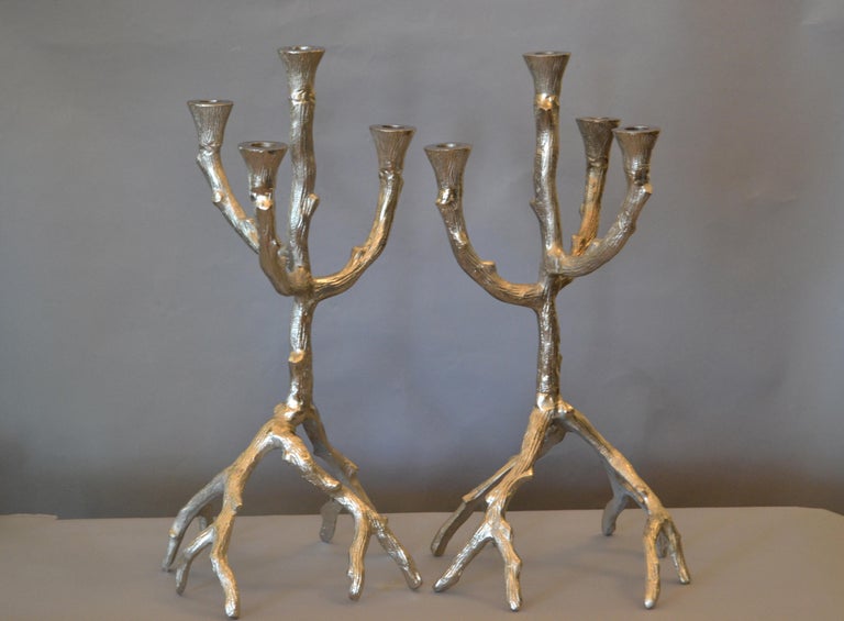 Vintage Brushed Aluminum Tree Branch Candelabras, a Pair For Sale at