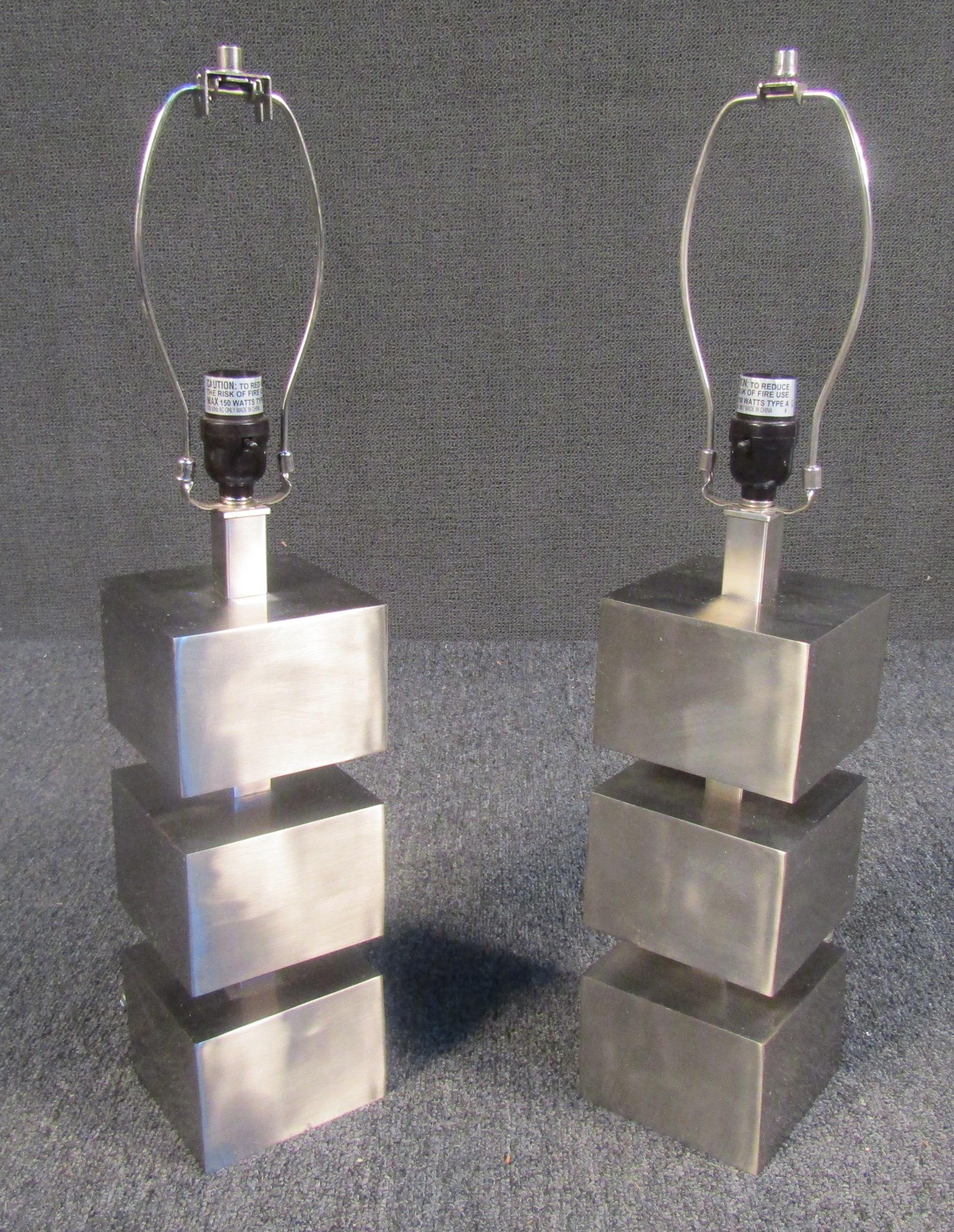 Mid-Century Modern Vintage Brushed Metal Block Lamps For Sale