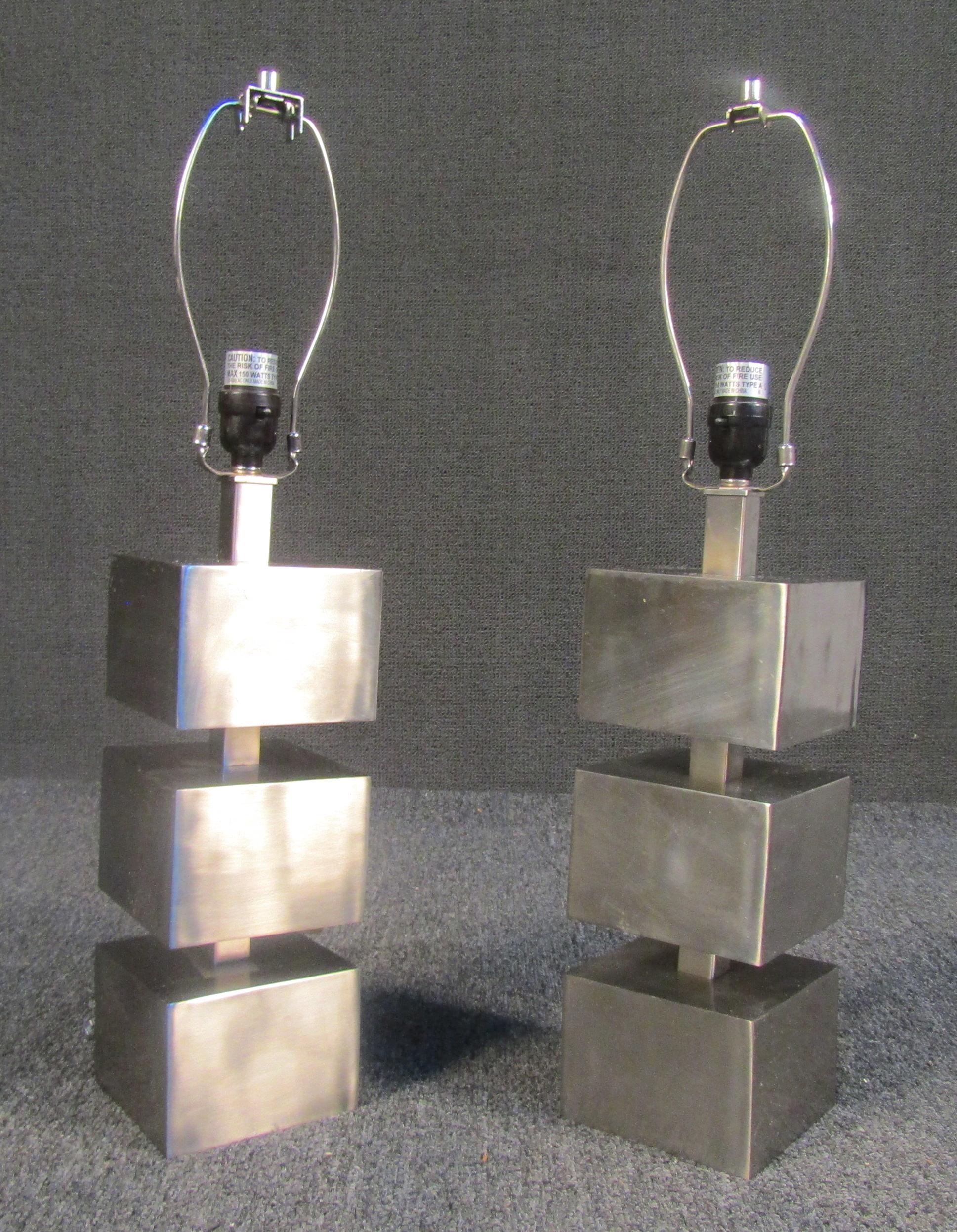Vintage Brushed Metal Block Lamps In Good Condition For Sale In Brooklyn, NY