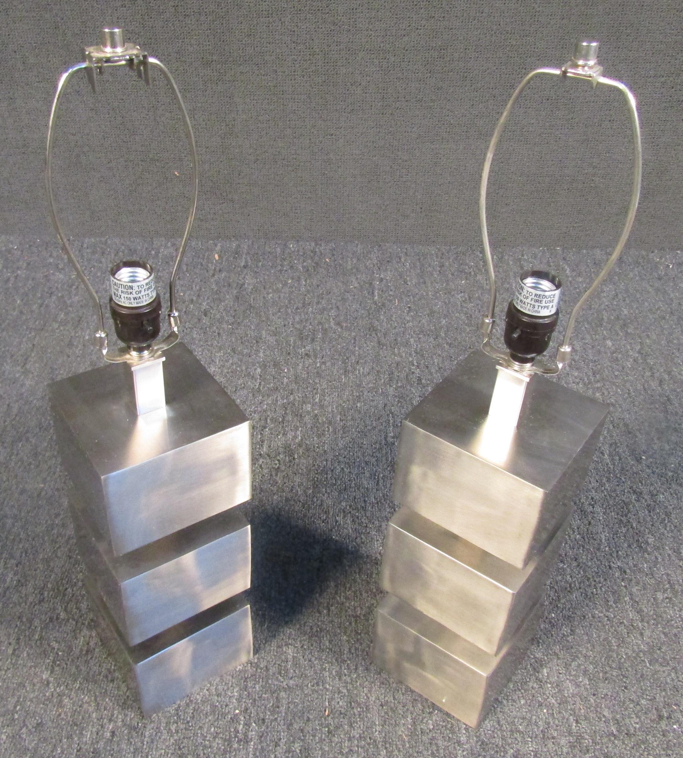 Mid-20th Century Vintage Brushed Metal Block Lamps For Sale
