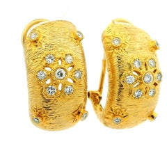 Vintage Brushed Yellow 14K Gold  Hoop Earrings with Diamonds