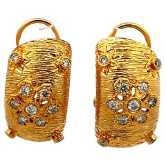 Vintage Brushed Yellow 14K Gold  Hoop Earrings with Diamonds