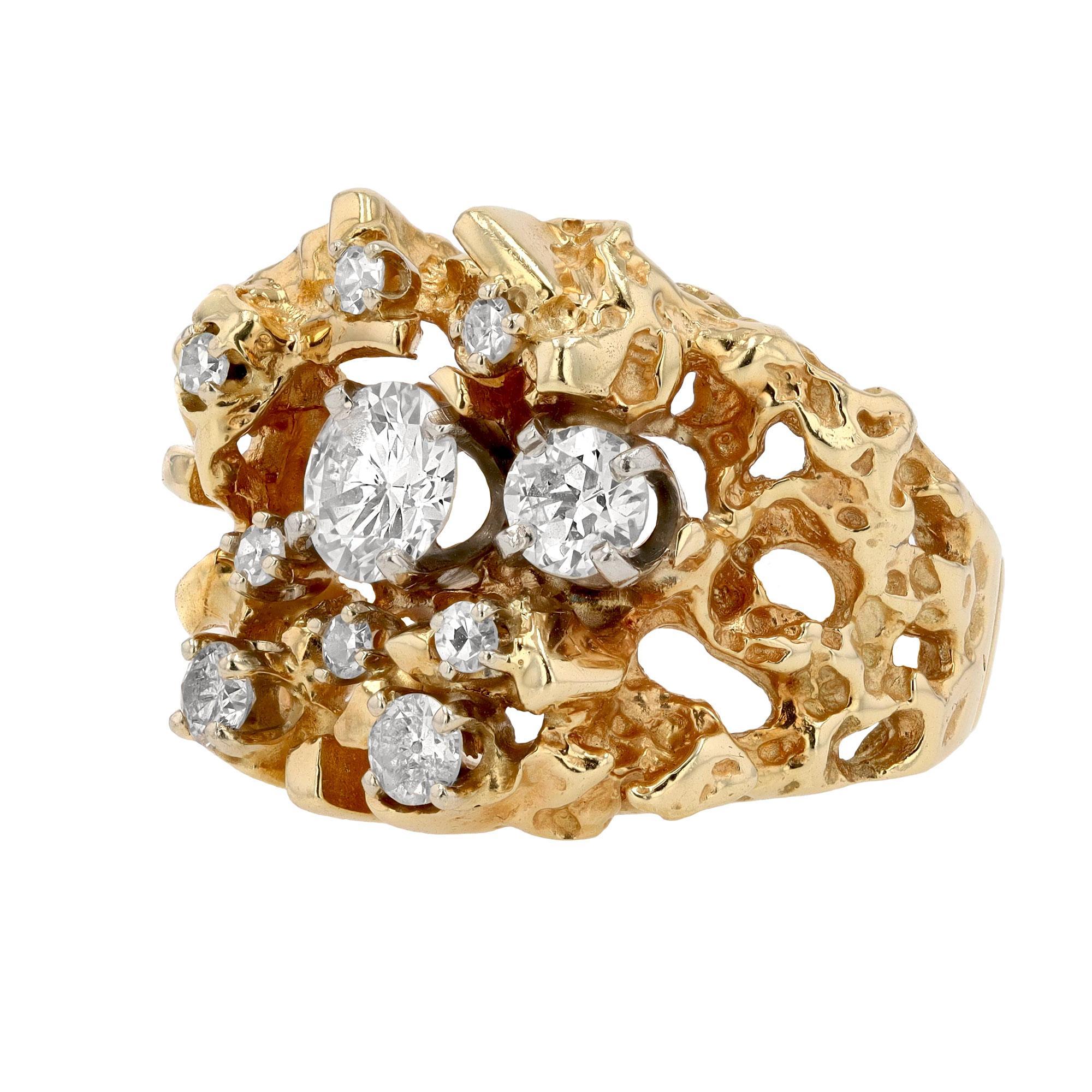 Modern Vintage Brutalist 1 Carat TW Diamond & 14k Yellow Gold Nugget Ring