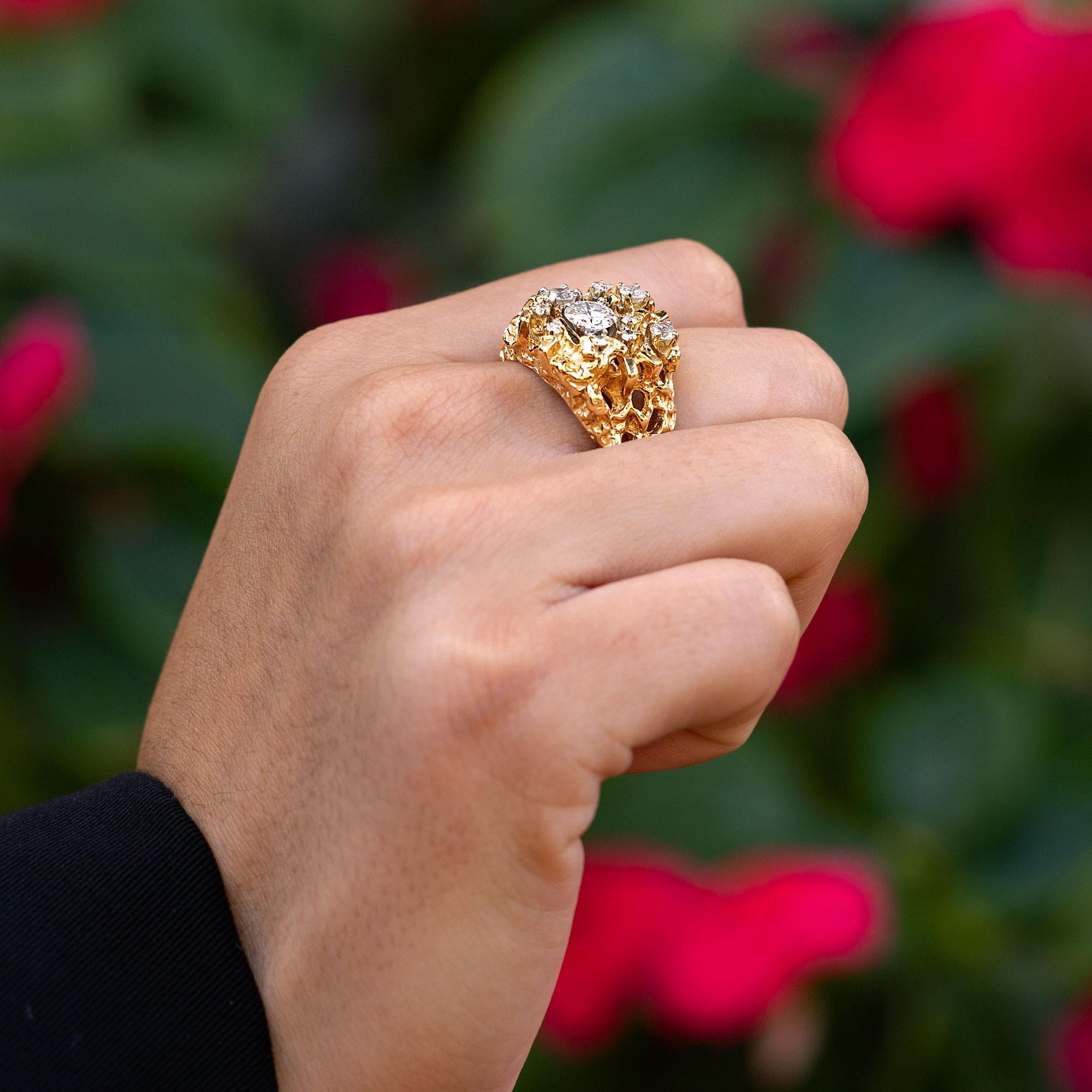 Old European Cut Vintage Brutalist 1 Carat TW Diamond & 14k Yellow Gold Nugget Ring