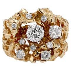 Vintage Brutalist 1 Carat TW Diamond & 14k Yellow Gold Nugget Ring