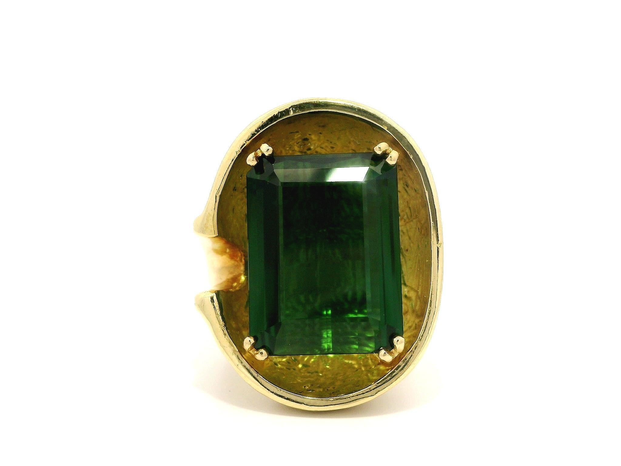--Stone(s):--
(1) Natural Genuine Tourmaline - Rectangular Cut - Prong Set - Very Fine - Vivid Green Color - 18.01 x 13.57mm 
** See Certification Details Below for Complete Info ** 

Material: Heavy Solid 18k Yellow Gold 
Weight: 36.26 Grams
Ring