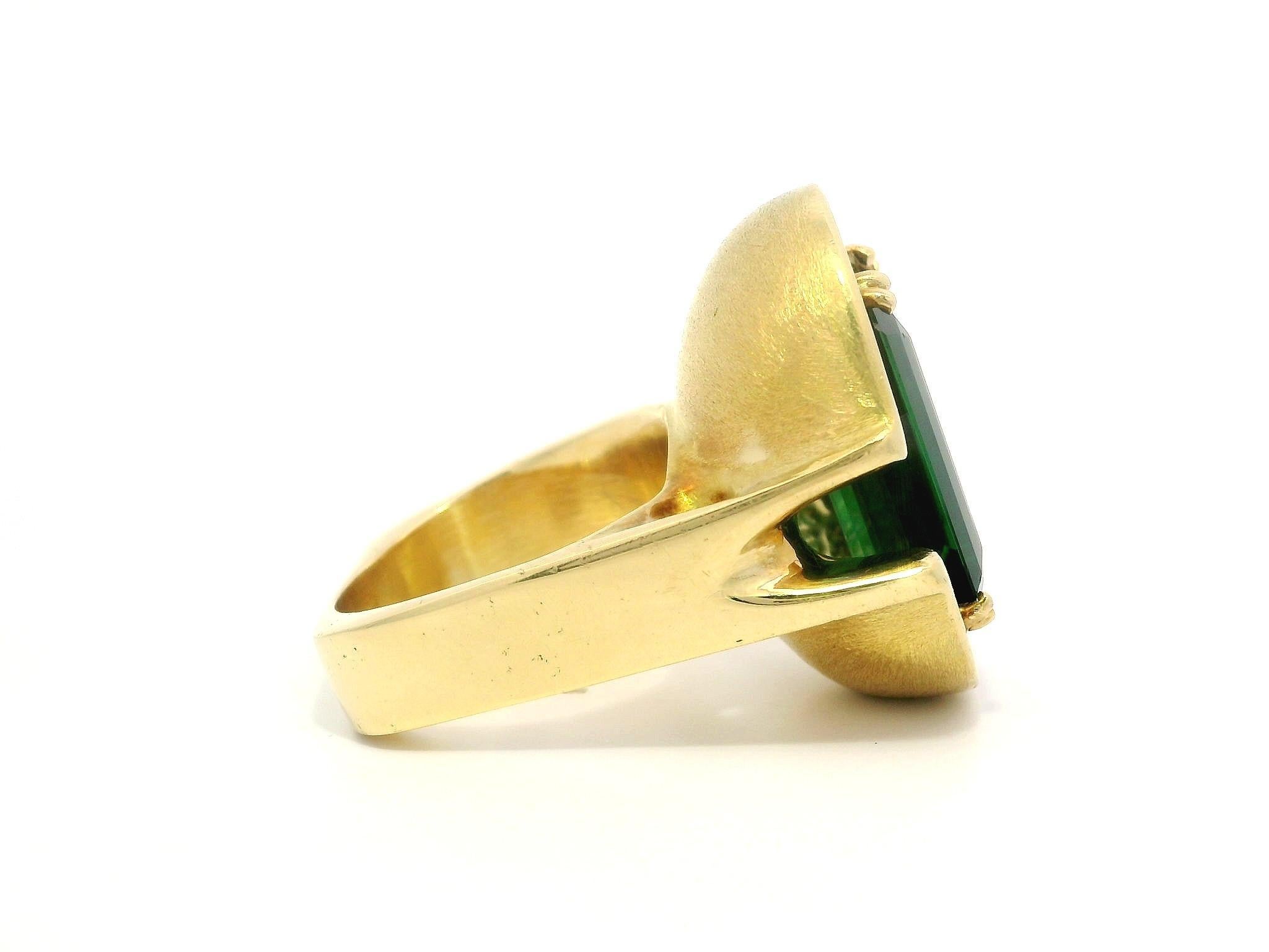 Emerald Cut Vintage Brutalist 18k Gold GIA Vivid Green Tourmaline Heavy Geometric Ring For Sale