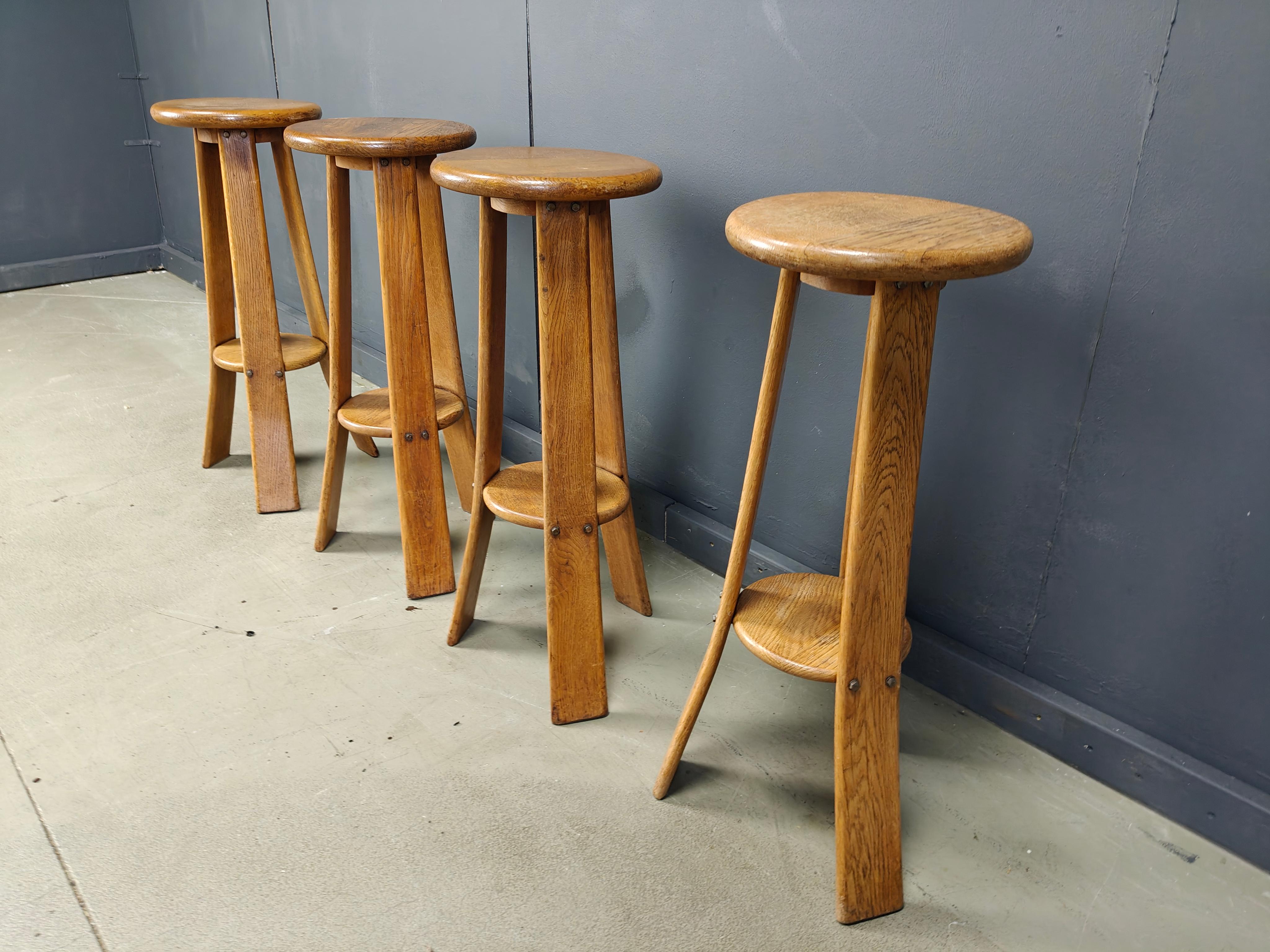 Oak Vintage brutalist bar stools, set of 4 - 1960s For Sale