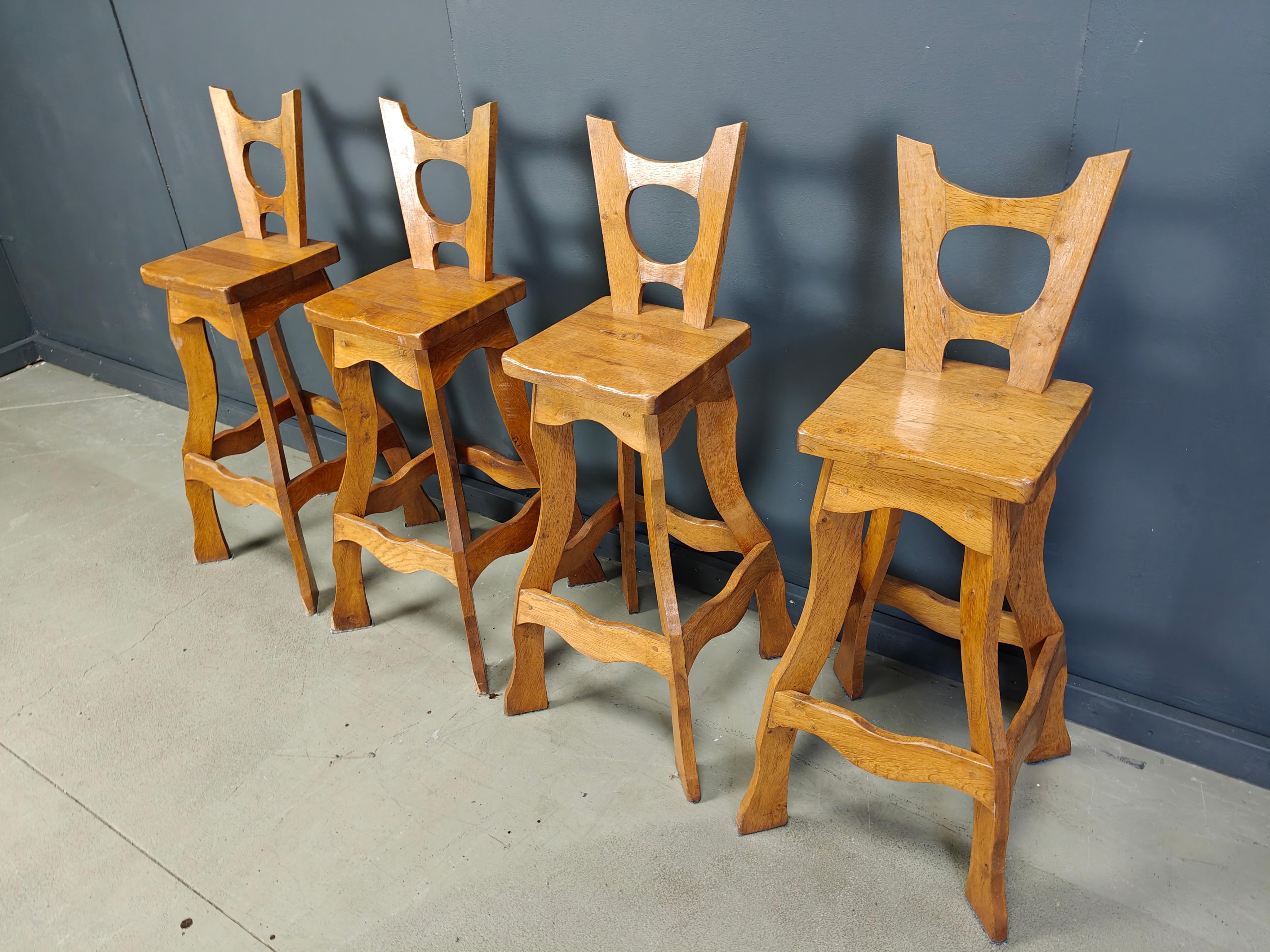 Oak Vintage brutalist bar stools, set of 4 - 1960s For Sale