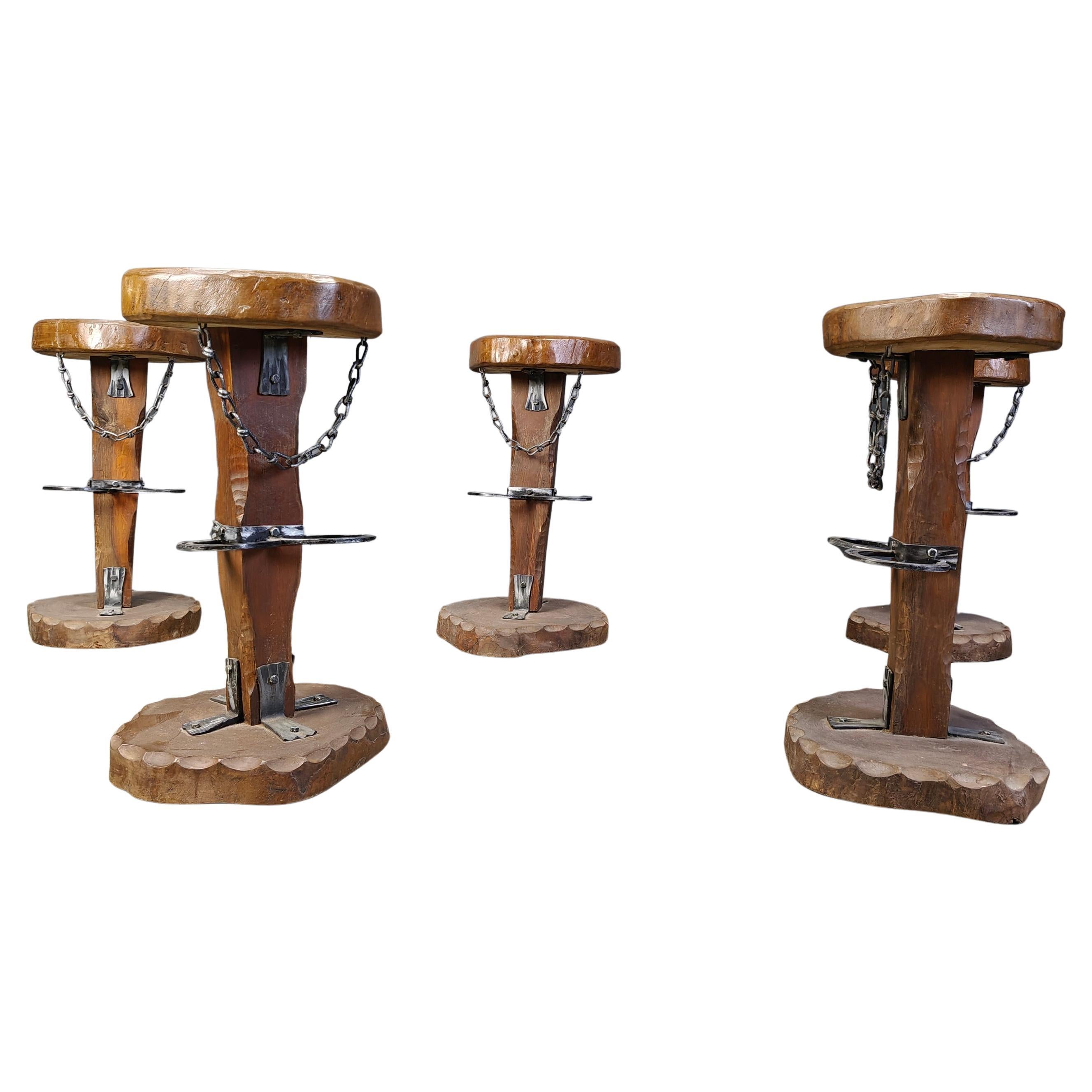 Vintage brutalist bar stools, set of 5 - 1960s For Sale