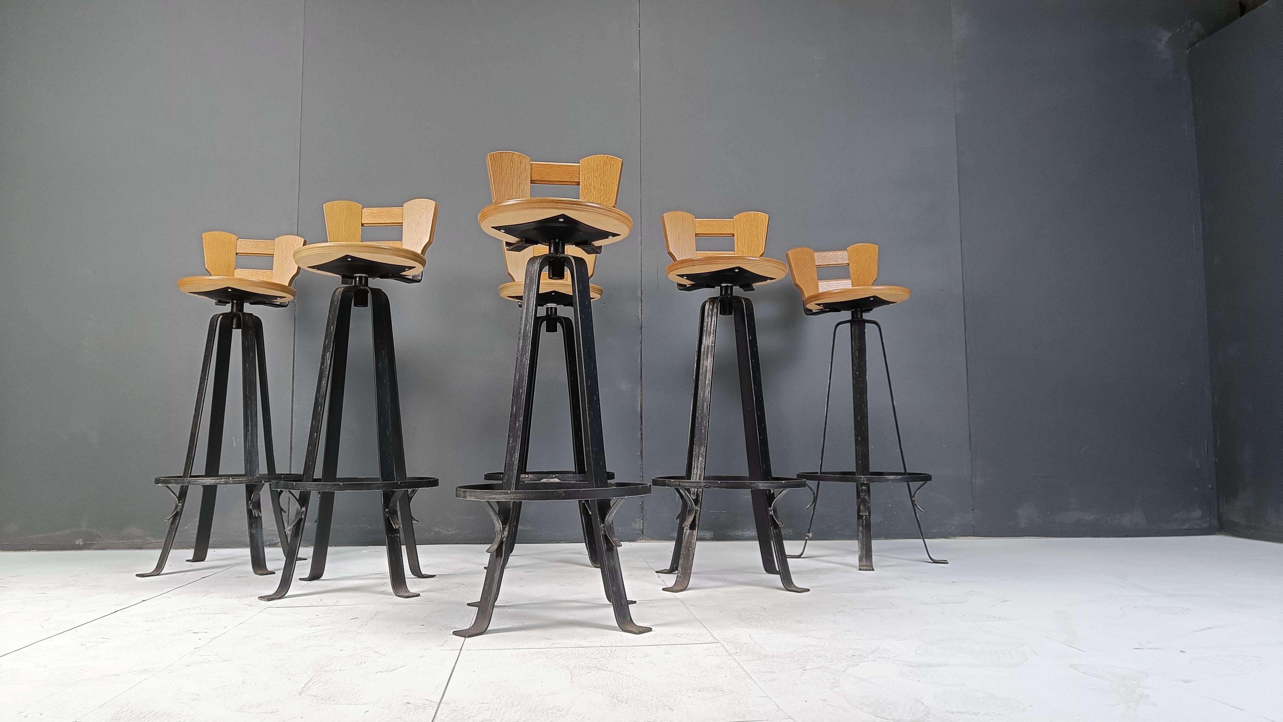 Late 20th Century Vintage brutalist bar stools, set of 6 - 1970s For Sale
