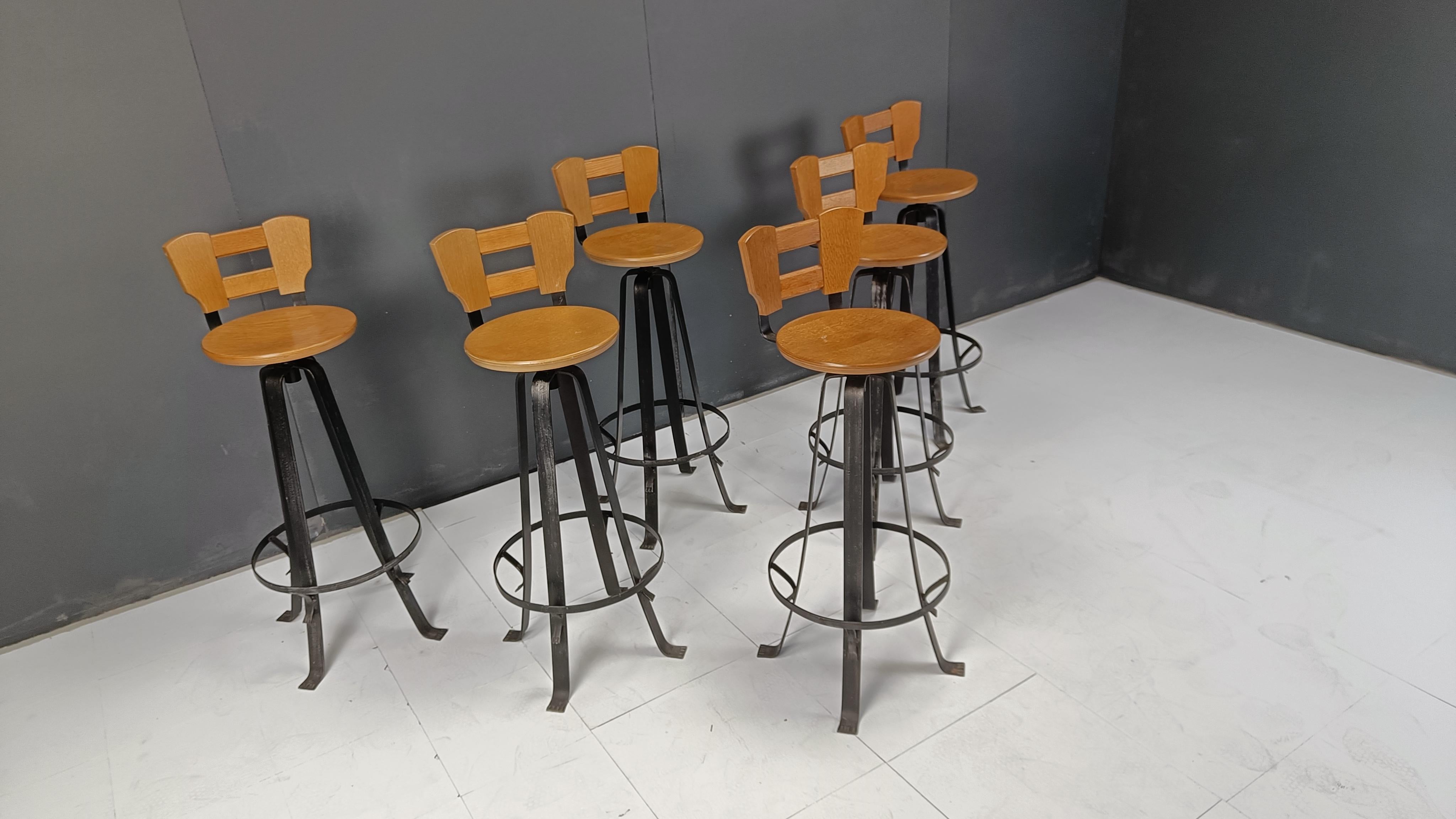 Wrought Iron Vintage brutalist bar stools, set of 6 - 1970s For Sale