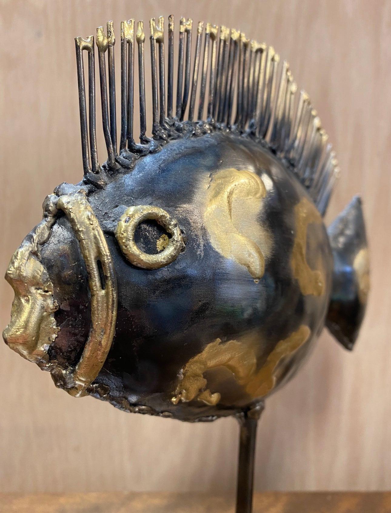 American Vintage Brutalist Brass and Metal Fish Sculpture For Sale