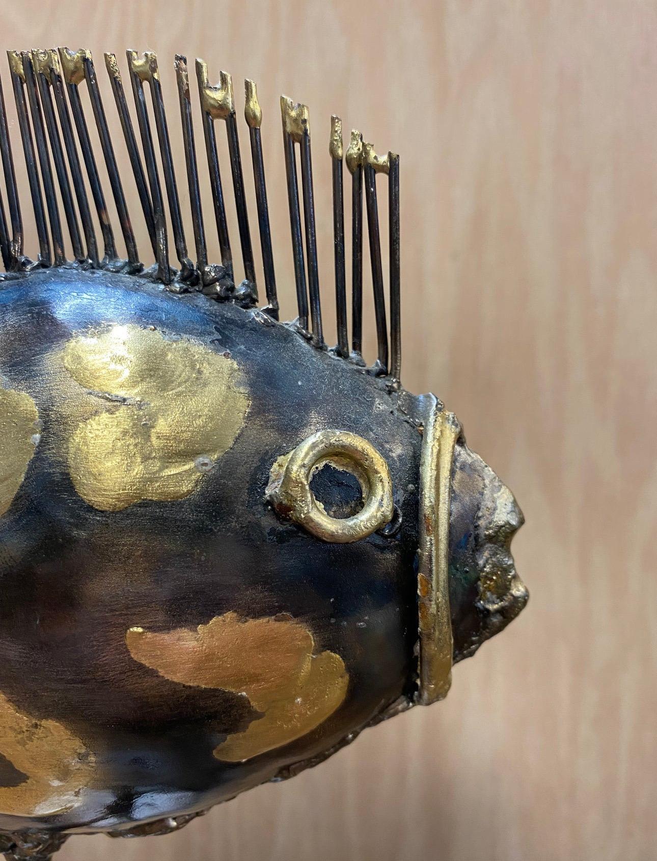 Hand-Crafted Vintage Brutalist Brass and Metal Fish Sculpture For Sale