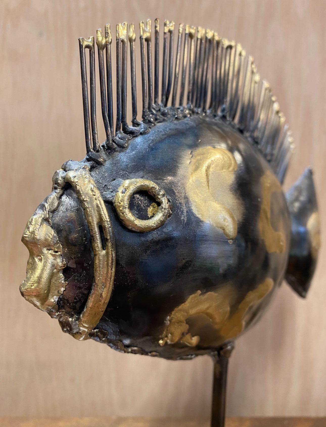 Late 20th Century Vintage Brutalist Brass and Metal Fish Sculpture For Sale
