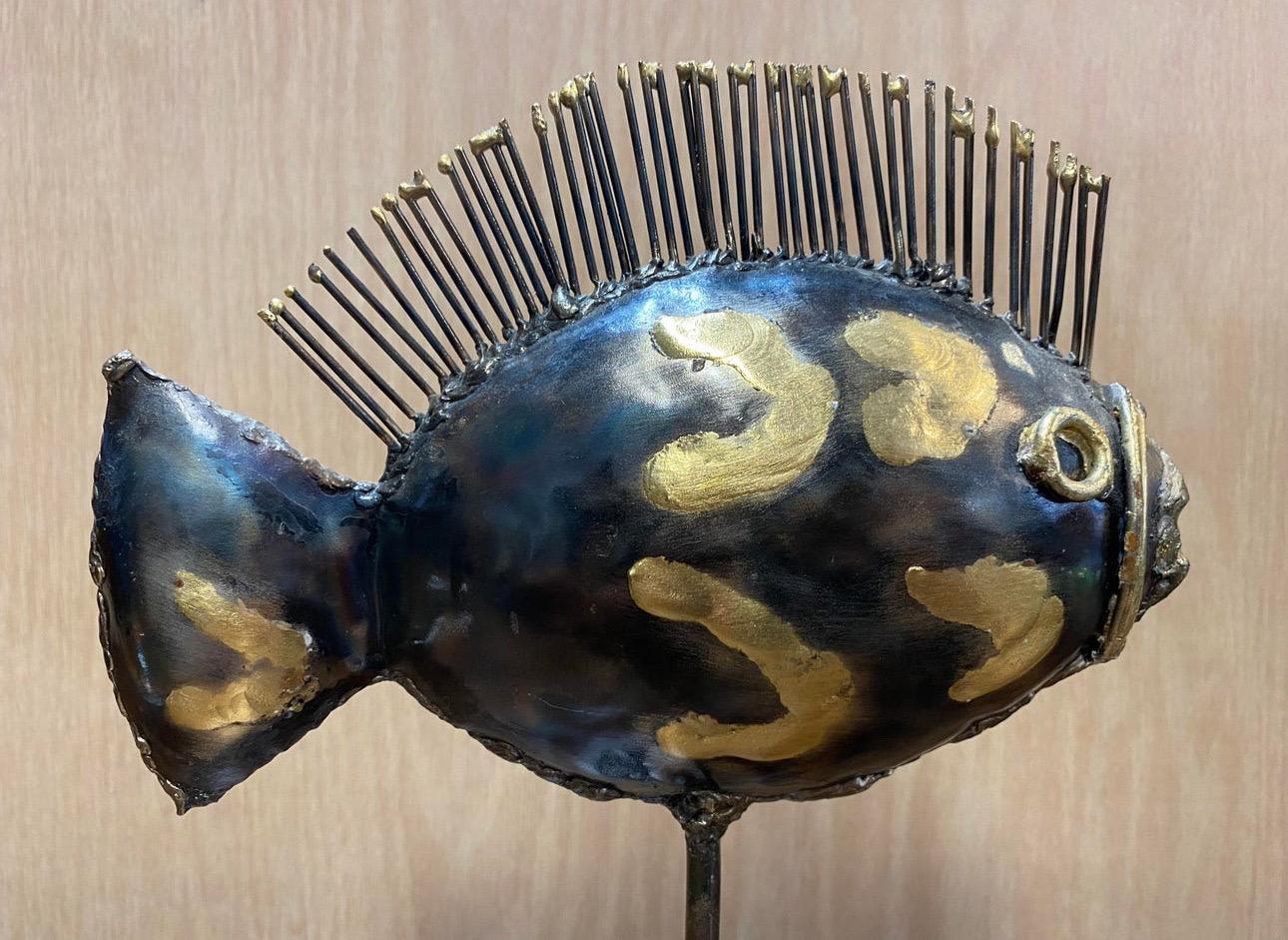 Vintage Brutalist Brass and Metal Fish Sculpture For Sale 1