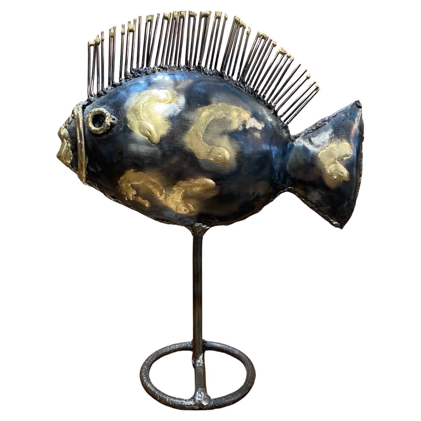 Vintage Brutalist Brass and Metal Fish Sculpture For Sale
