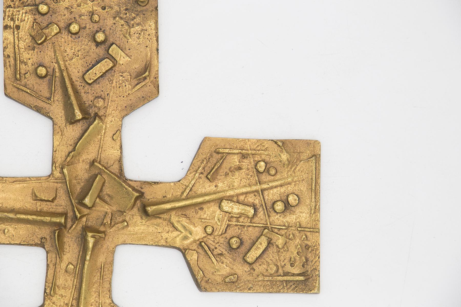 Italian Vintage Brutalist Brass Cross For Sale