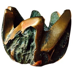 Vintage Brutalist Bronze Art Bowl with Green Verdigris and Polished Spikes