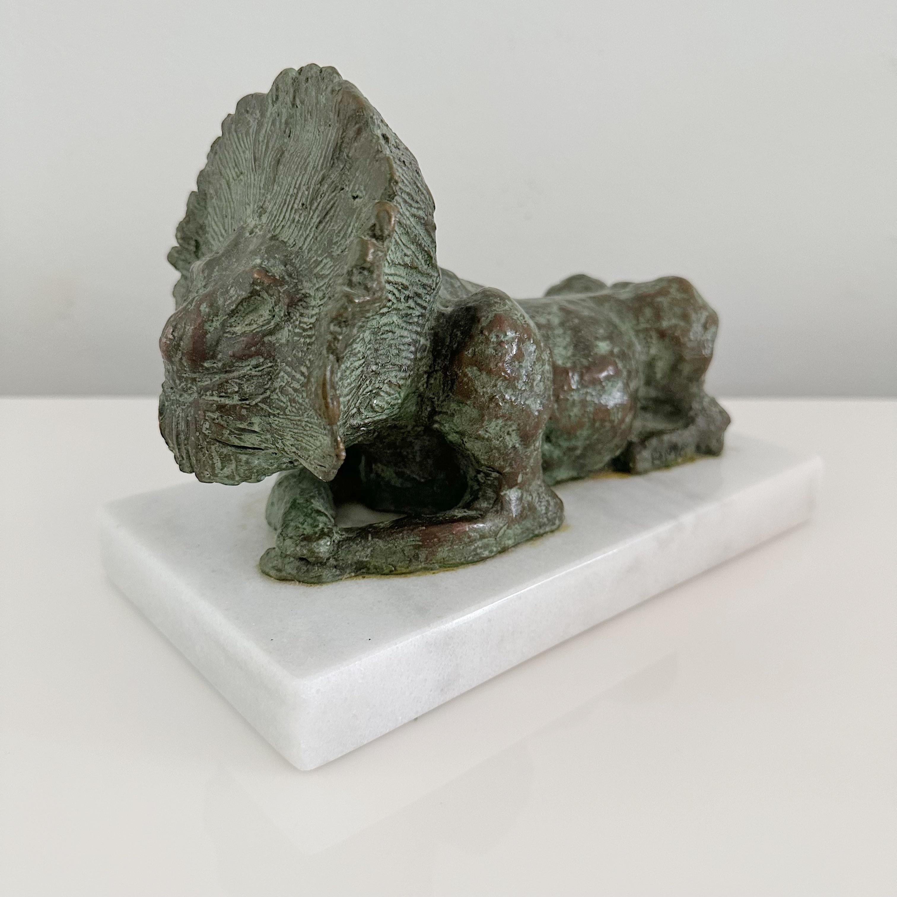 American Vintage Brutalist Bronze Lion Sculpture on Marble Base Signed