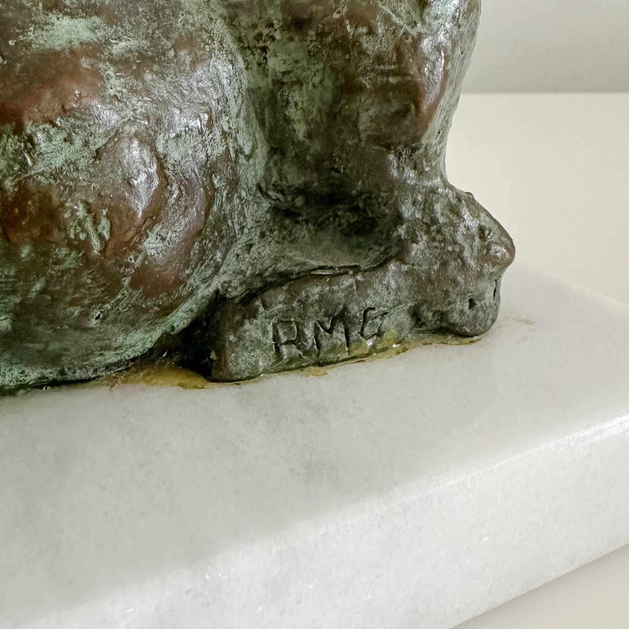 Vintage Brutalist Bronze Lion Sculpture on Marble Base Signed In Good Condition In West Palm Beach, FL