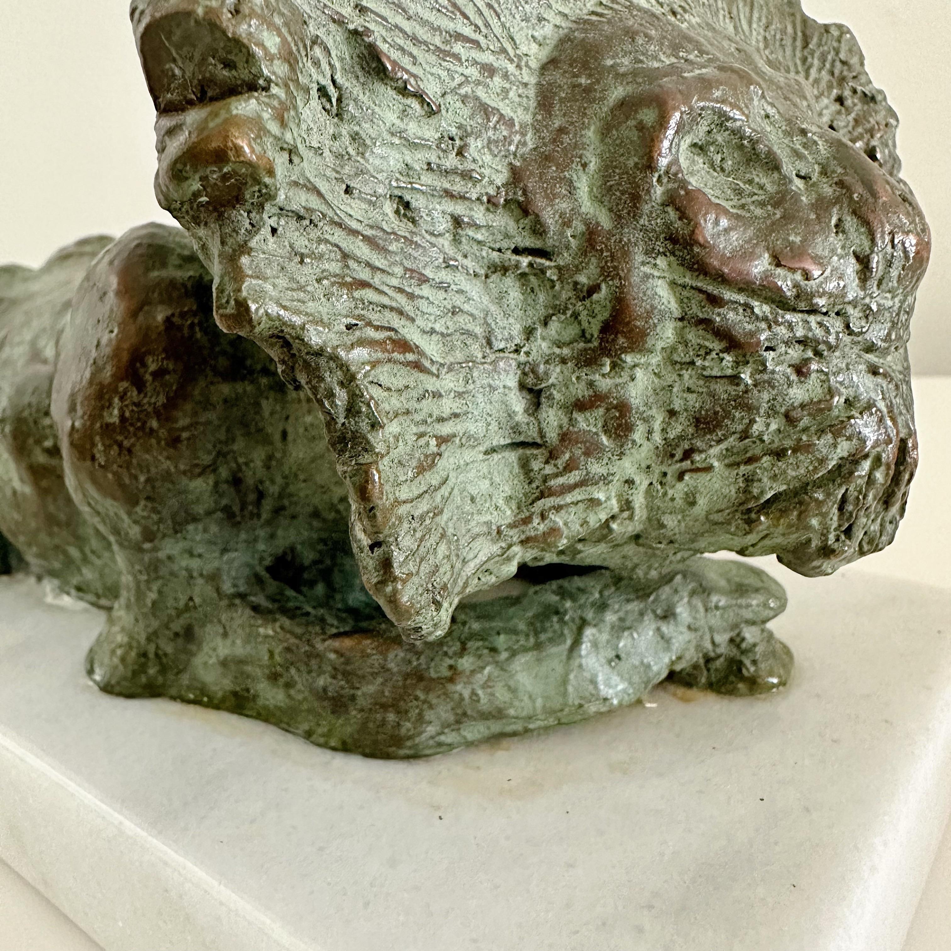 Vintage Brutalist Bronze Lion Sculpture on Marble Base Signed 1