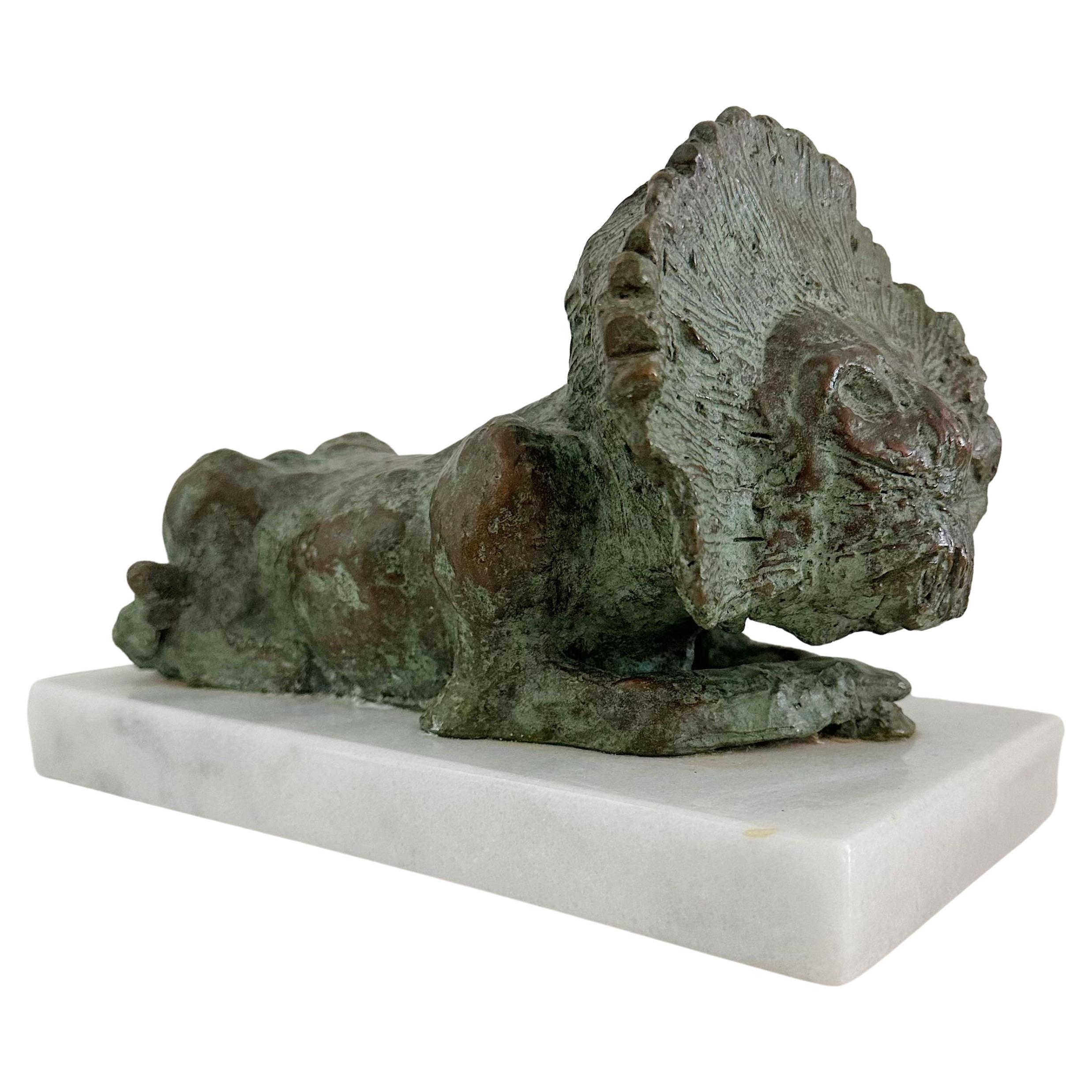 Vintage Brutalist Bronze Lion Sculpture on Marble Base Signed