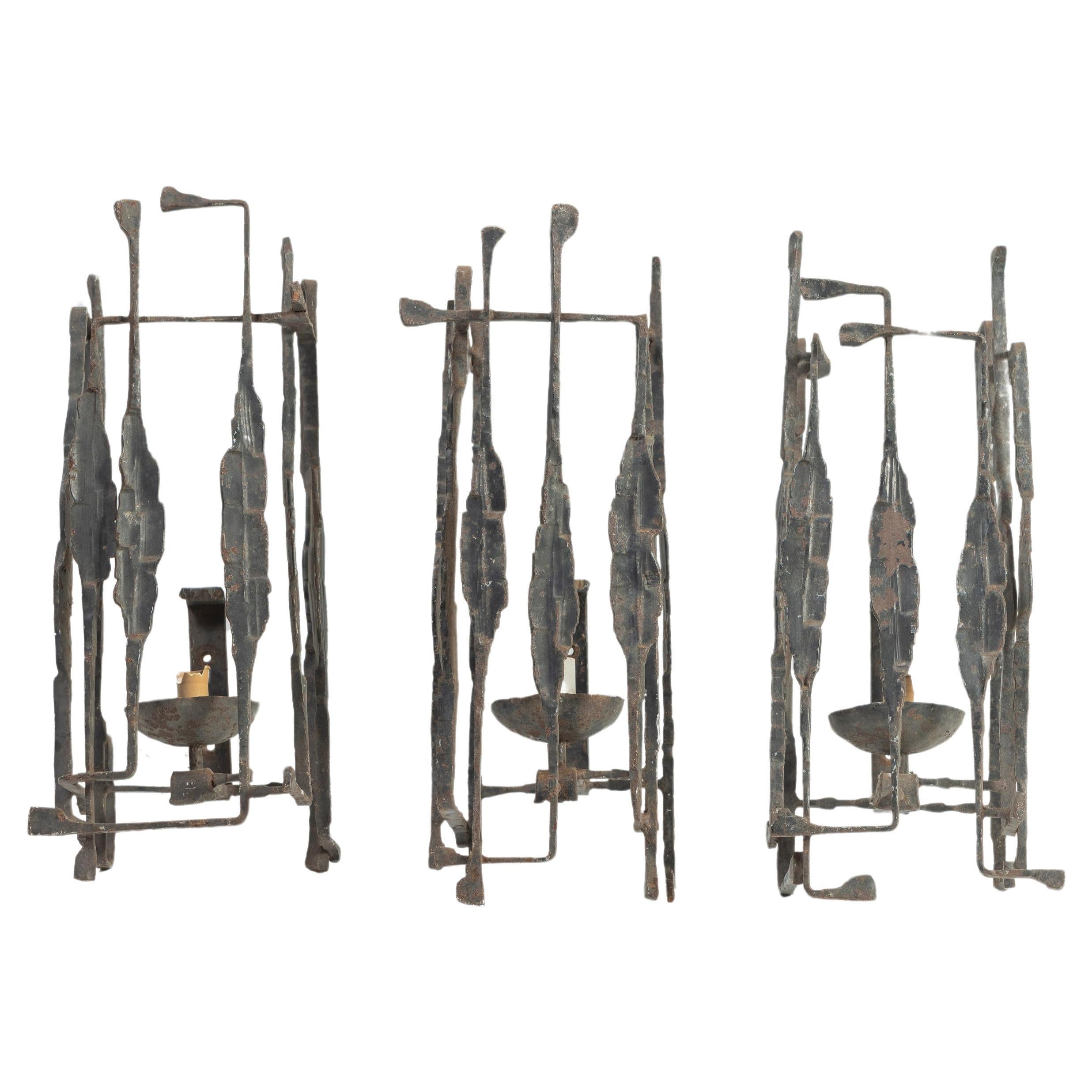 One Vintage Brutalist Candle Sconce of Wrought Iron, Italian, 1970s