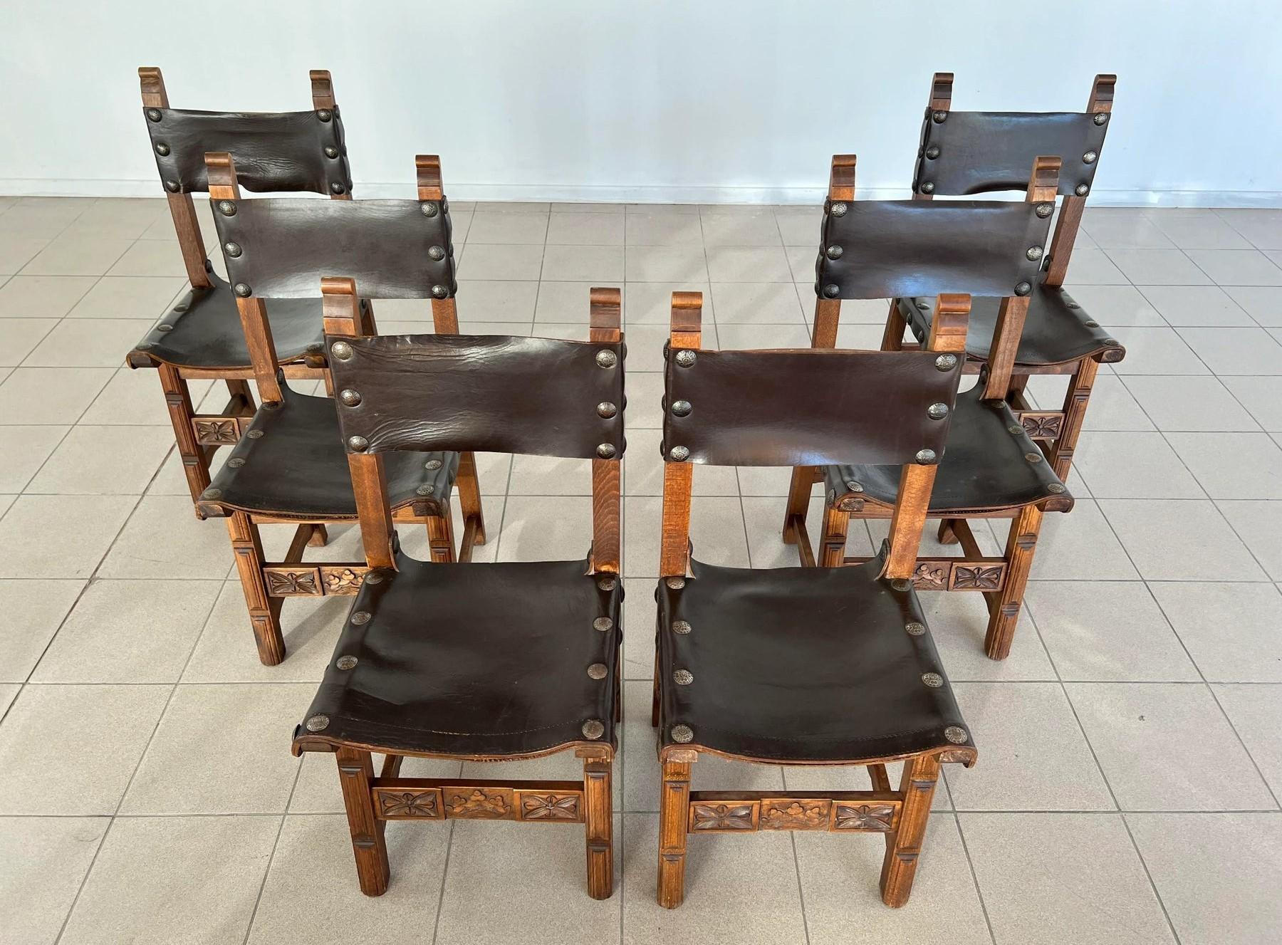 Pelle Sedie brutaliste d'epoca di Navarro Argudo, Spagna - set di 6 in vendita