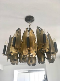 Vintage Brutalist Chandelier in Torched Brass Metal by Tom Greene, c. 1960's