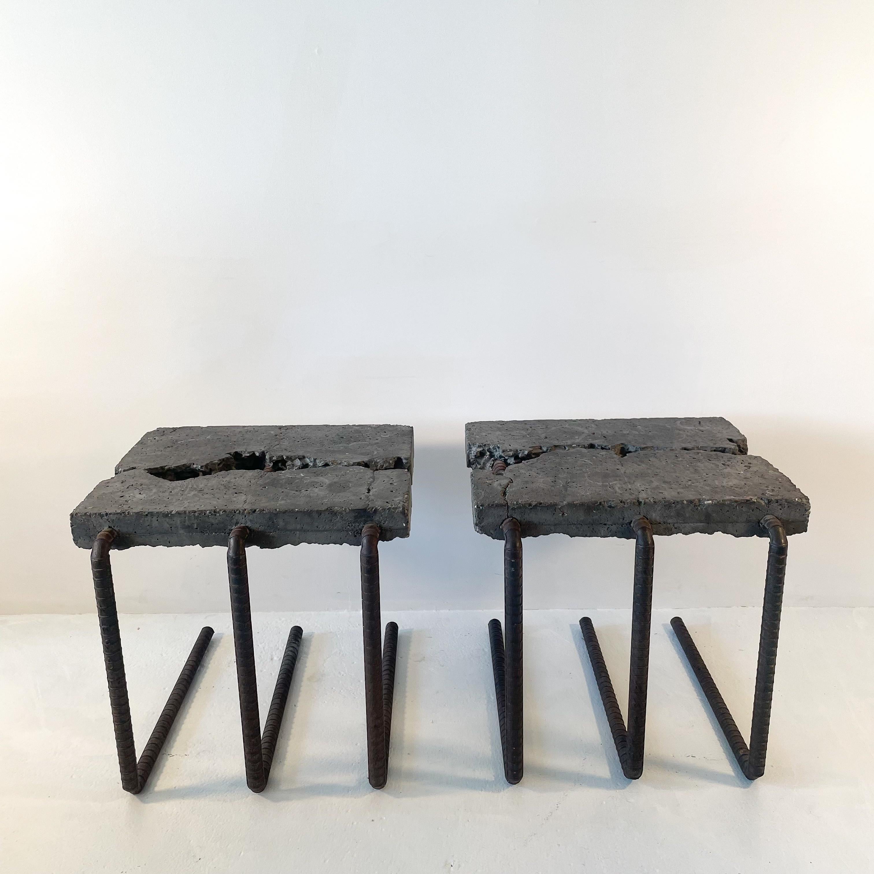 Pair of two industrial, brutalist end tables made from concrete and rebar.

Also function as stools as they are incredibly strong and an interesting height.

Open to splitting the set if desired (but for a premium as they really shouldn't be