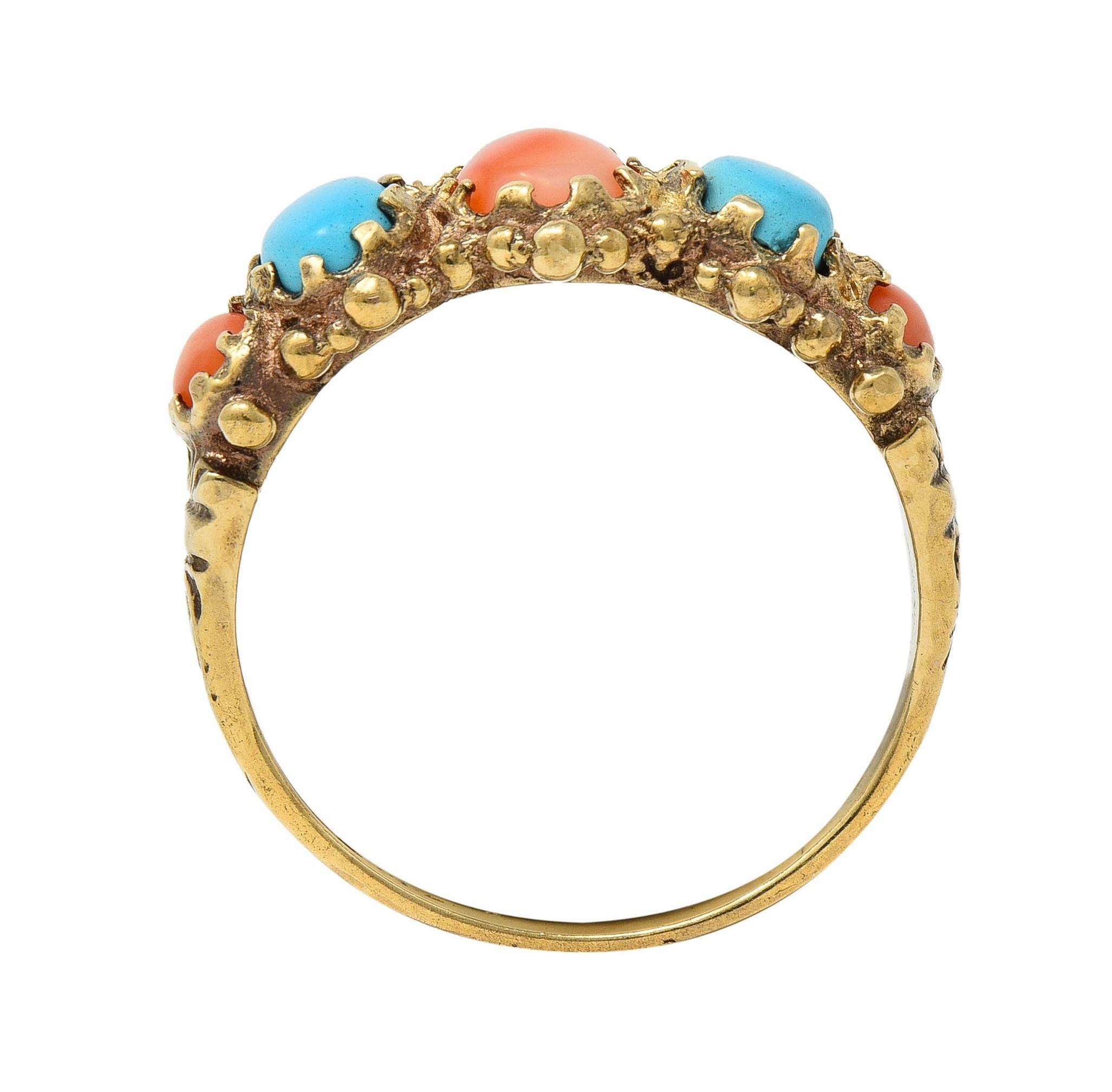 Vintage Brutalist Coral Turquoise 9 Karat Yellow Gold Five Stone Band Ring 4