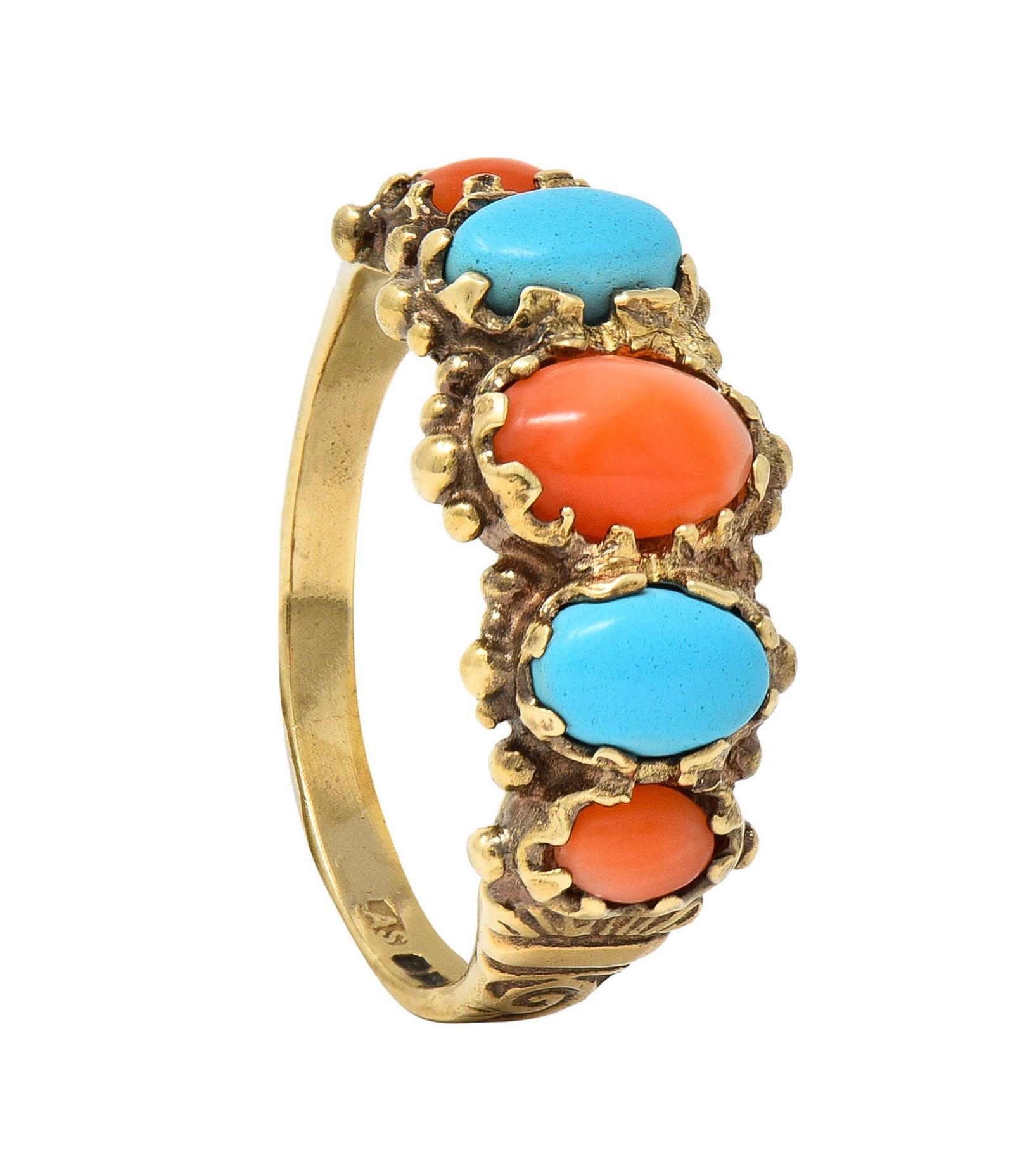 Vintage Brutalist Coral Turquoise 9 Karat Yellow Gold Five Stone Band Ring 5
