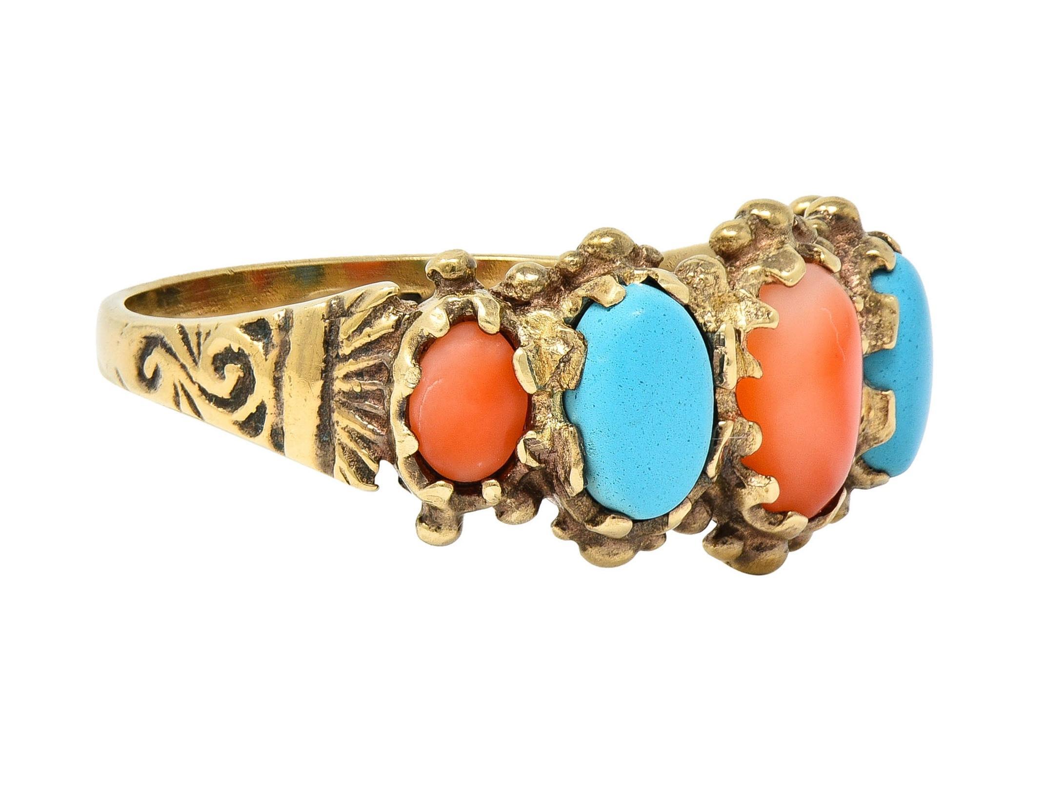 Centering five oval-shaped cabochons of coral and turquoise alternating in pattern
Ranging in size from 2.5 x 4.0 mm to 4.5 x 6.5 mm - prong set east to west
Coral is medium reddish orange with some white swirling 
Turquoise is opaque light to